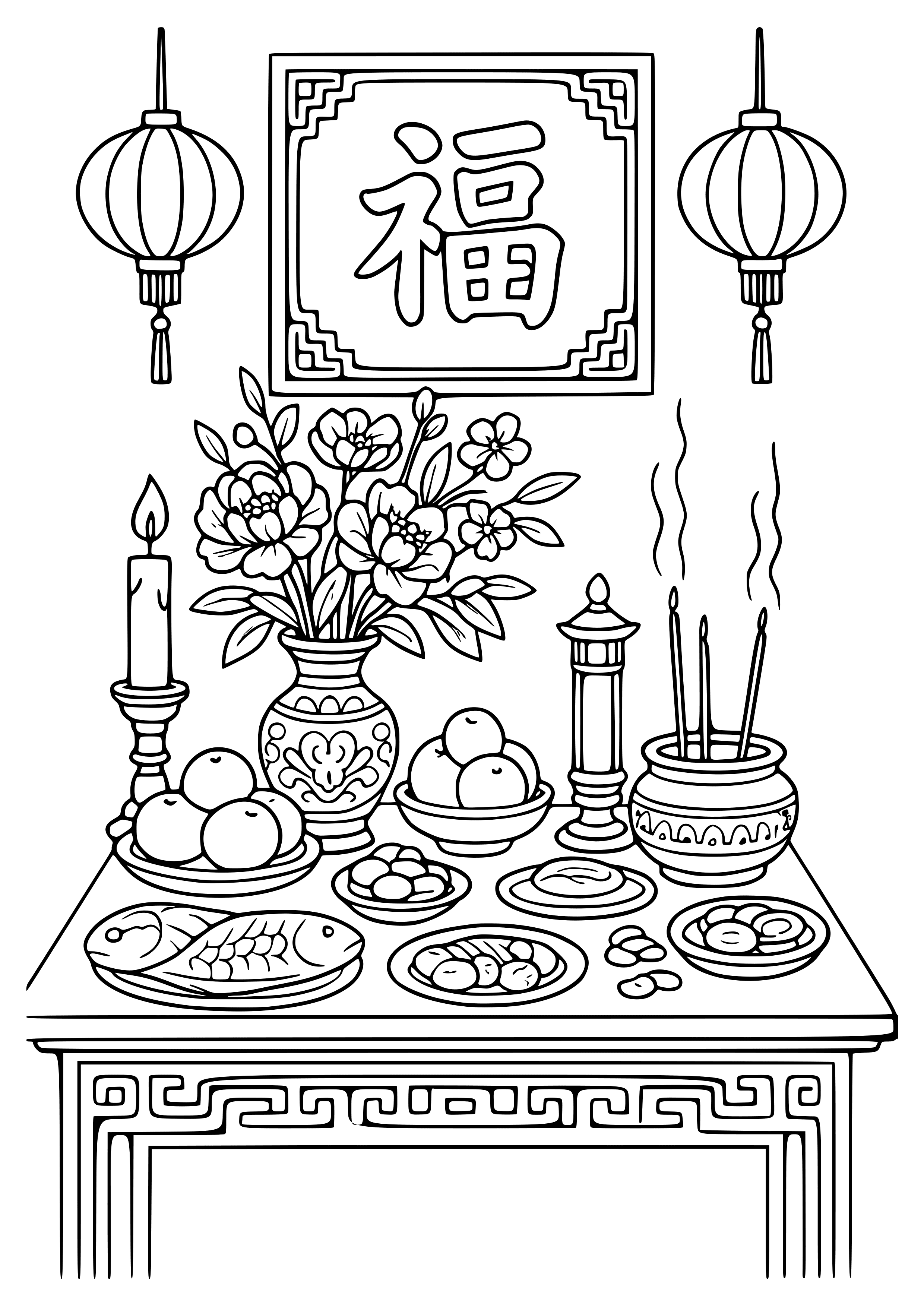 Festive Altar Adorned with Offerings Coloring Page