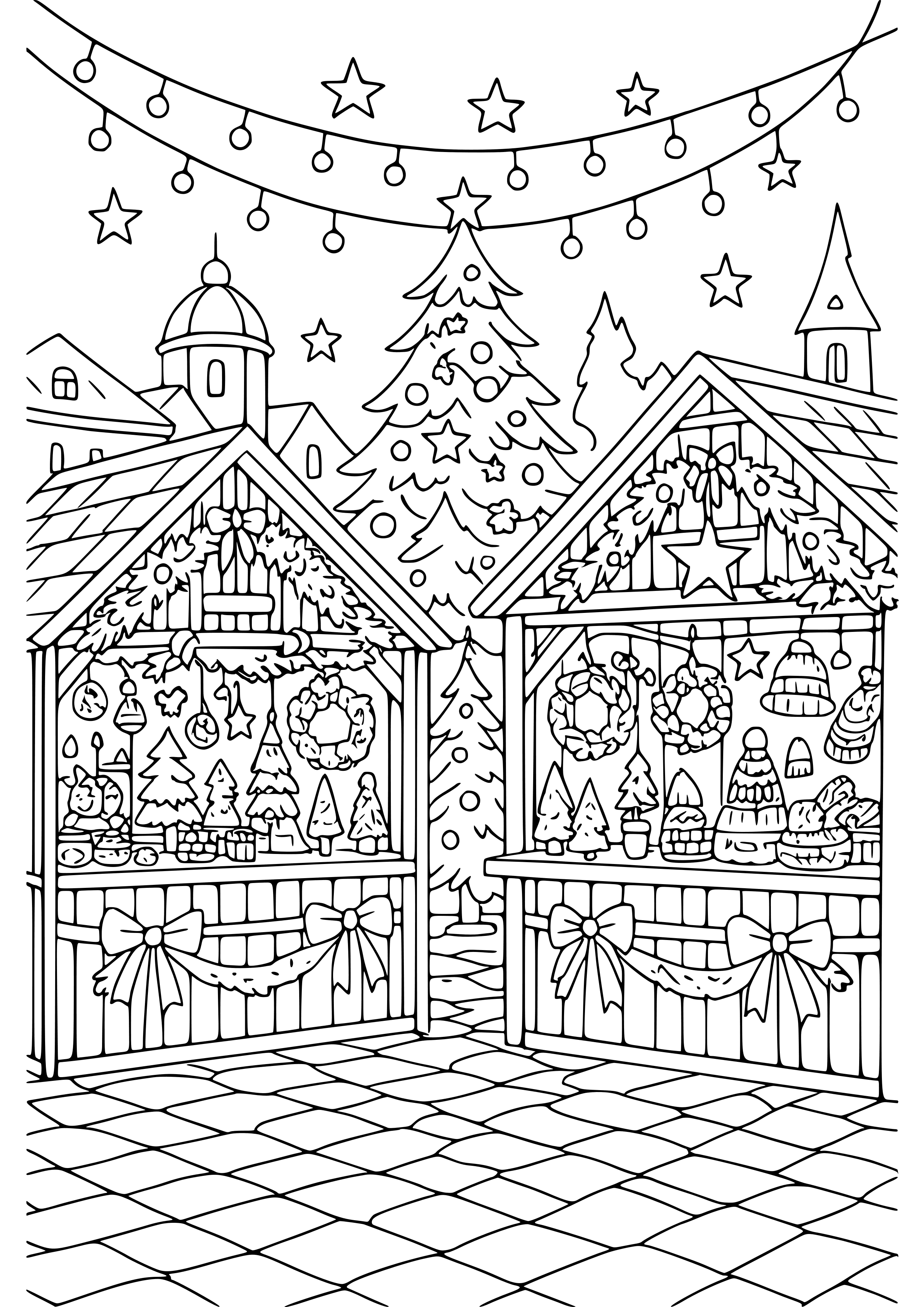 Festive Christmas Market with Stalls Coloring Page