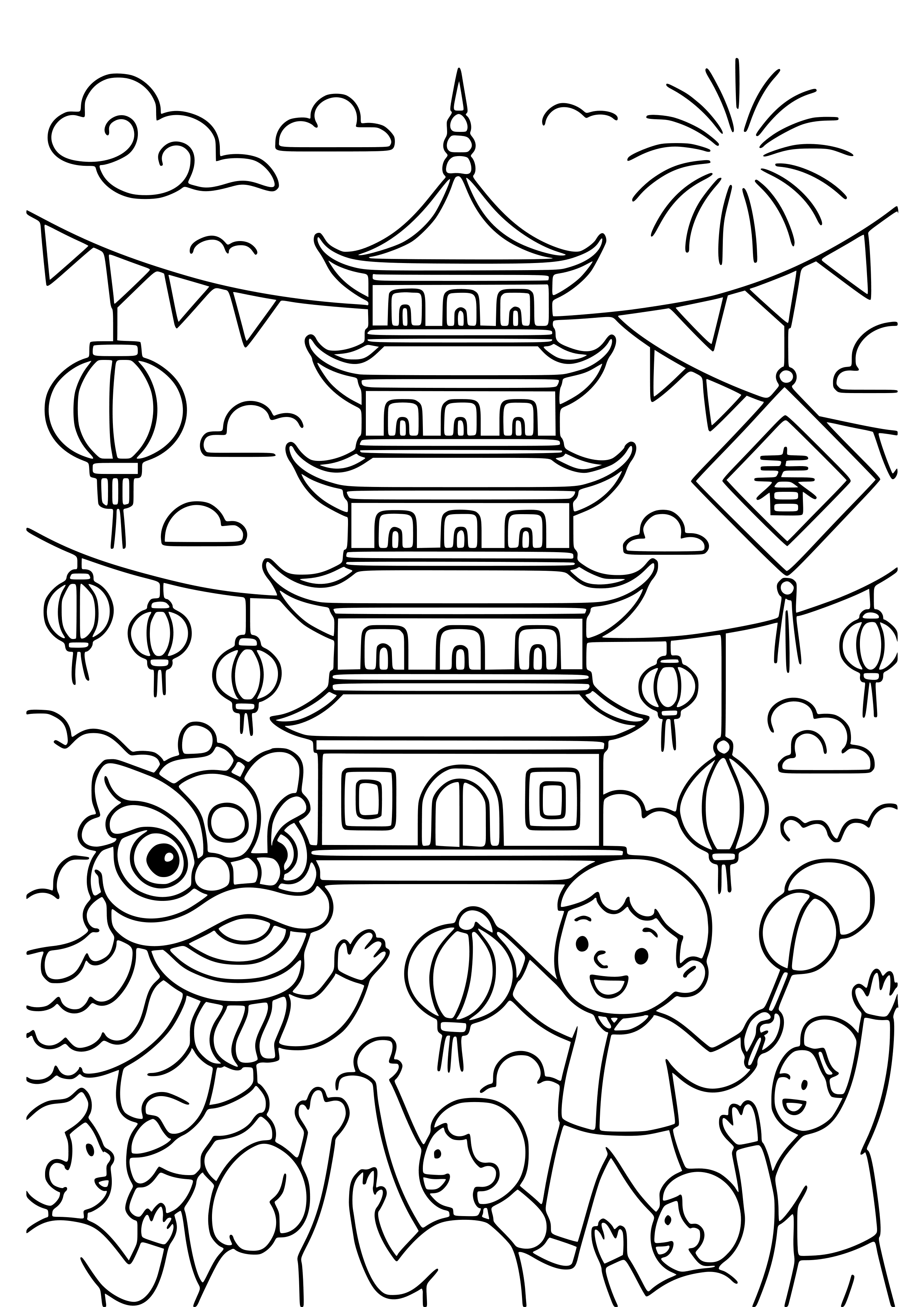 Festivities Surrounding a Beautiful Pagoda Coloring Page