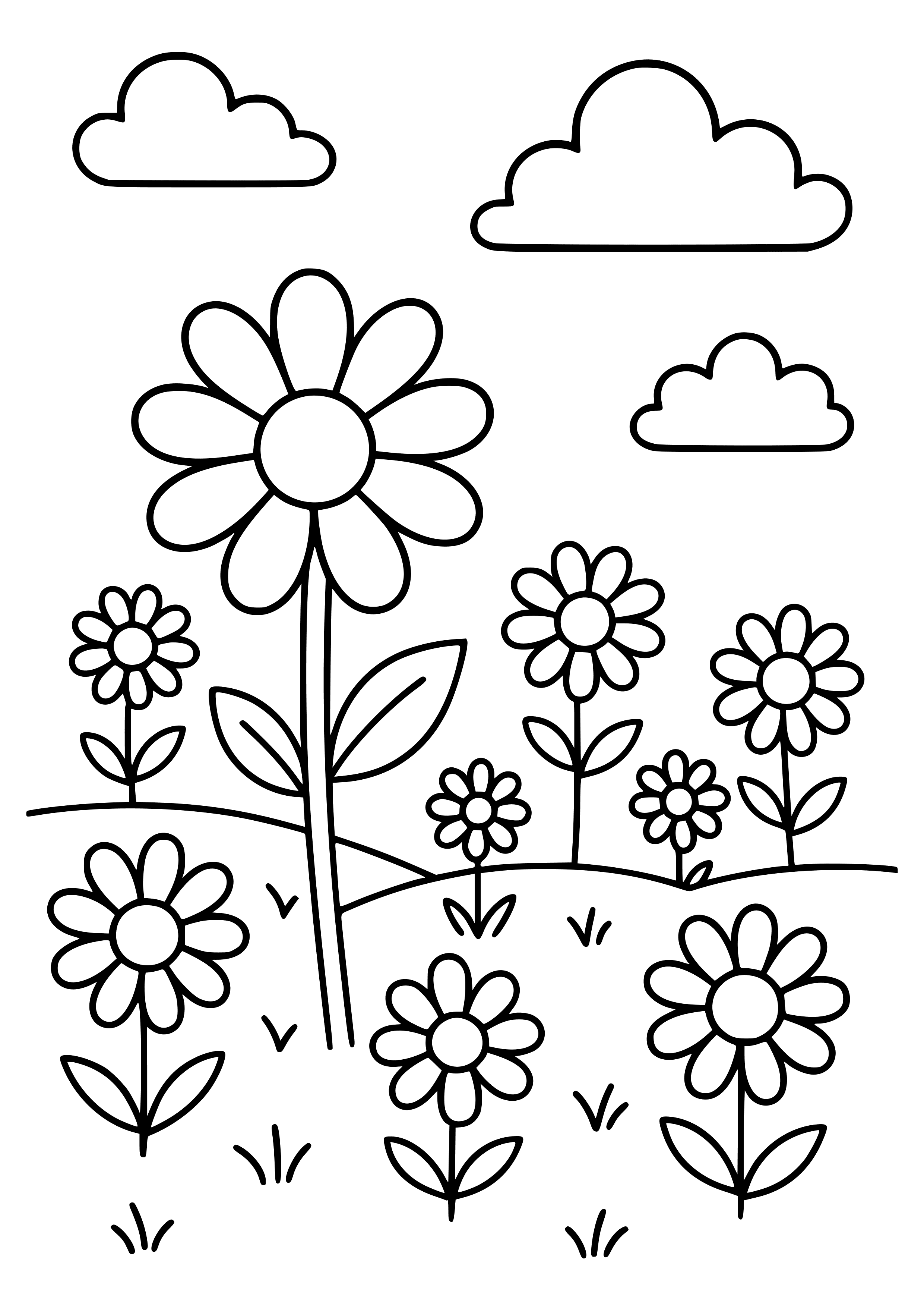 Field of Daisies with Clouds Coloring Page