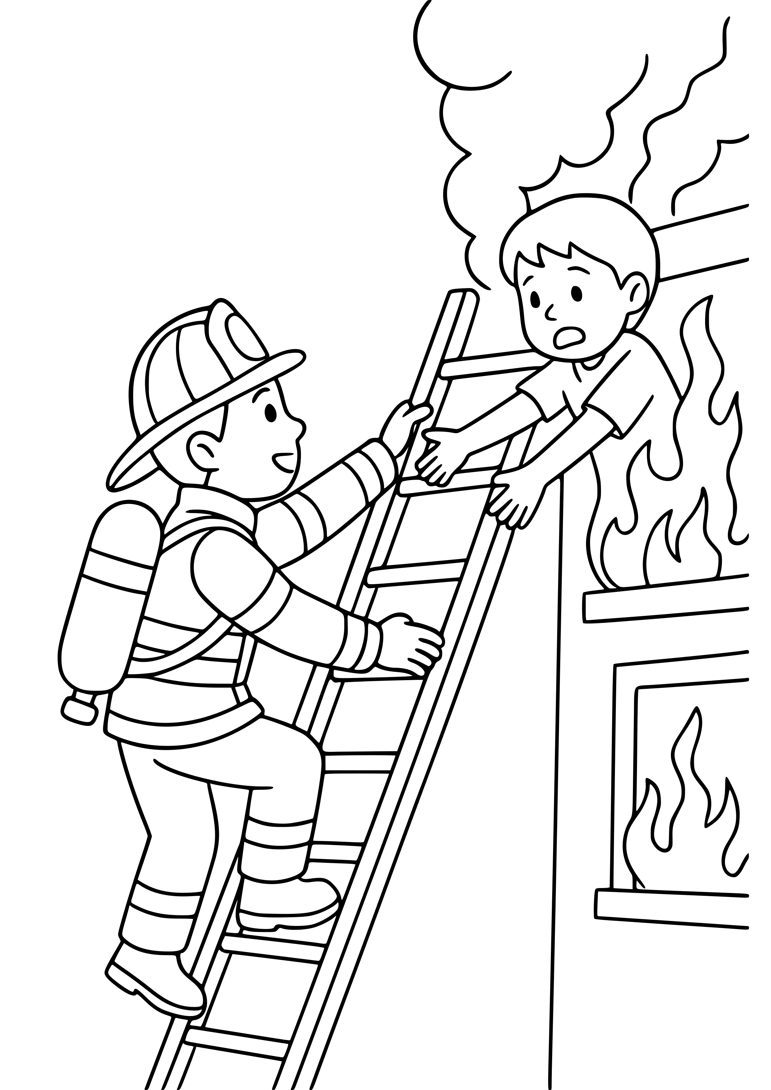 Firefighter Climbing a Ladder to Save a Person Coloring Page