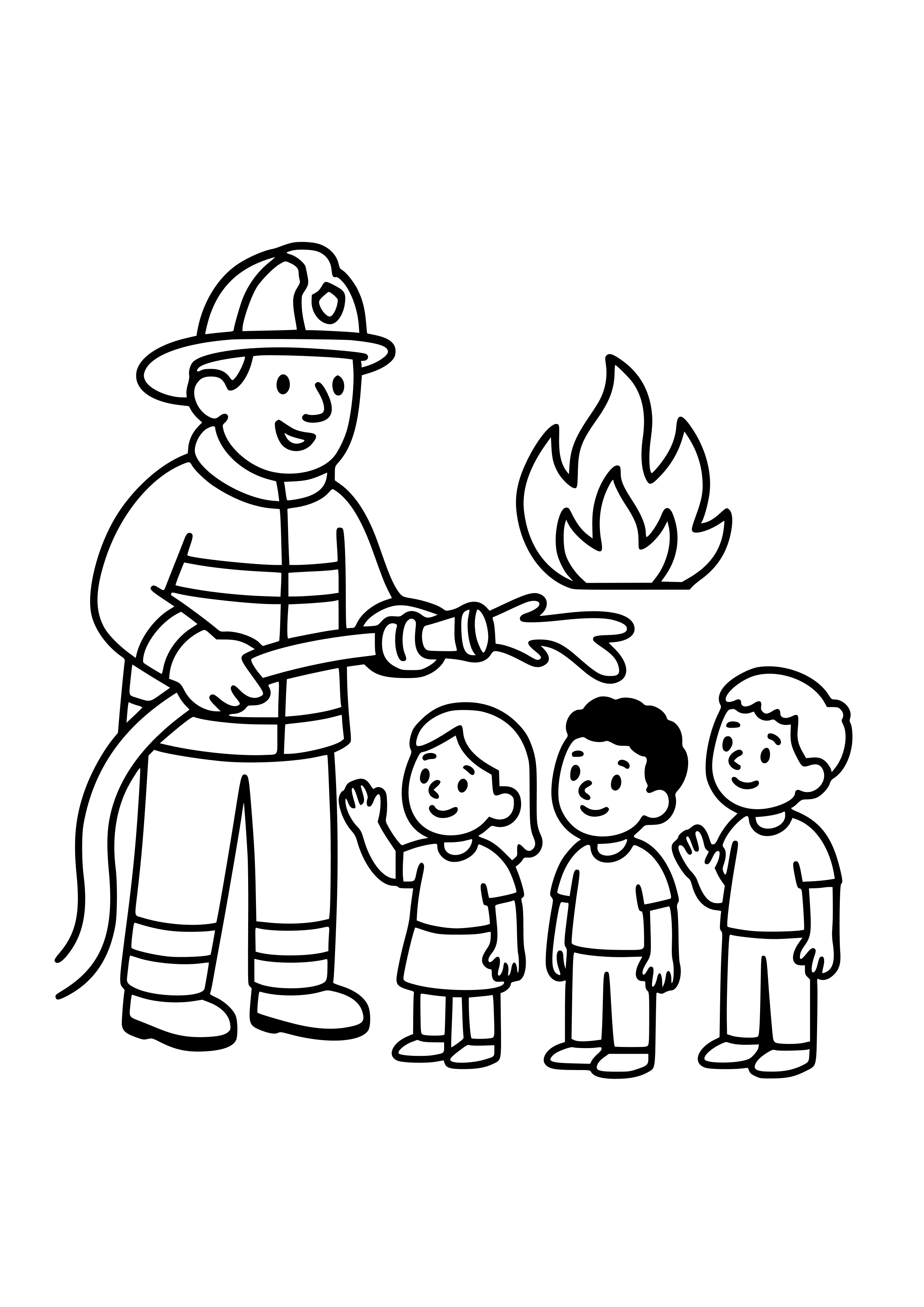 Firefighter Demonstrating Fire Drills to Kids Coloring Page