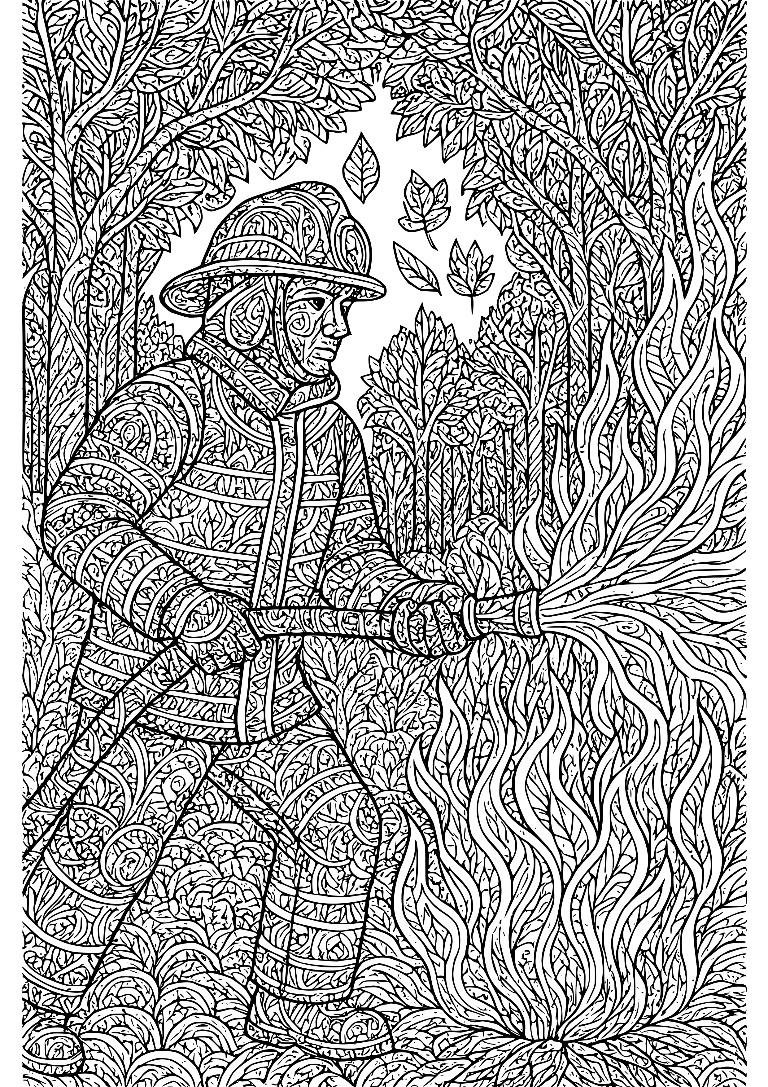 Firefighter Helping to Put Out a Forest Fire Coloring Page