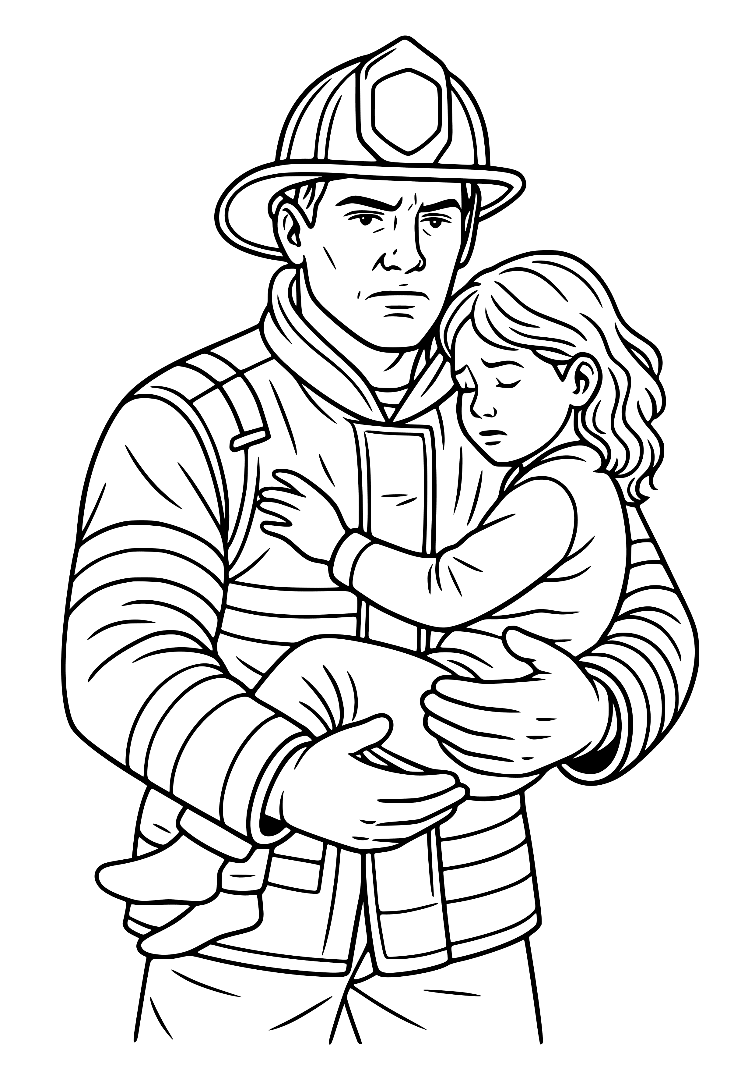 Firefighter Holding a Child After a Rescue Coloring Page