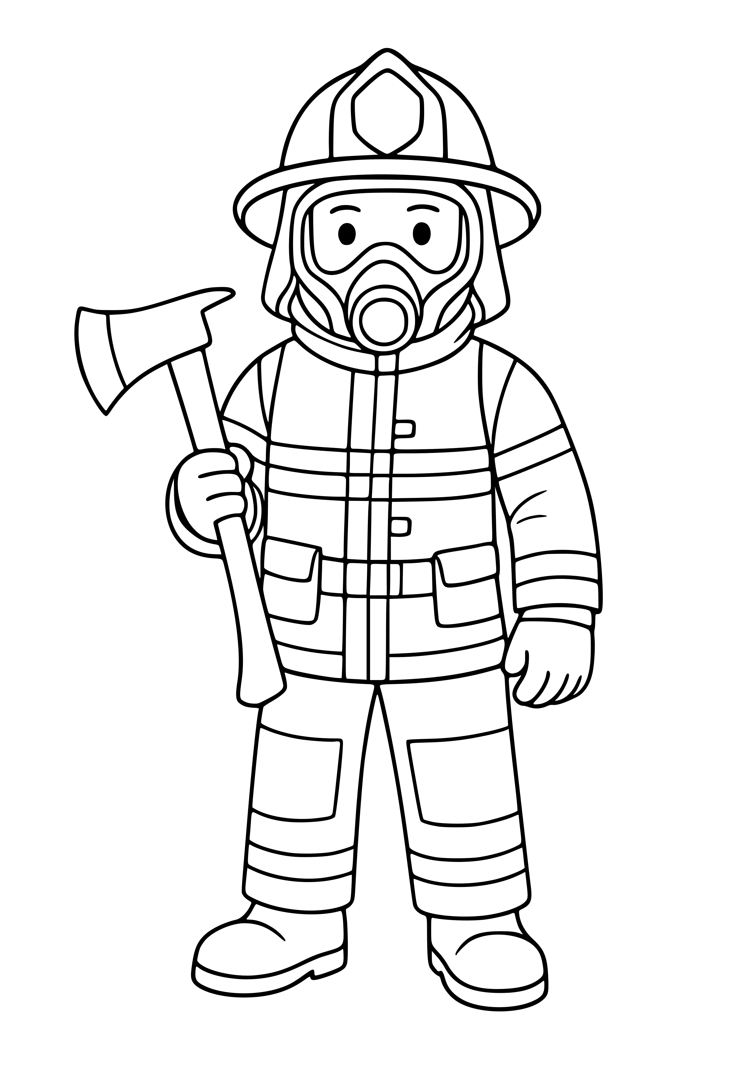 Firefighter in Full Gear with an Axe Coloring Page