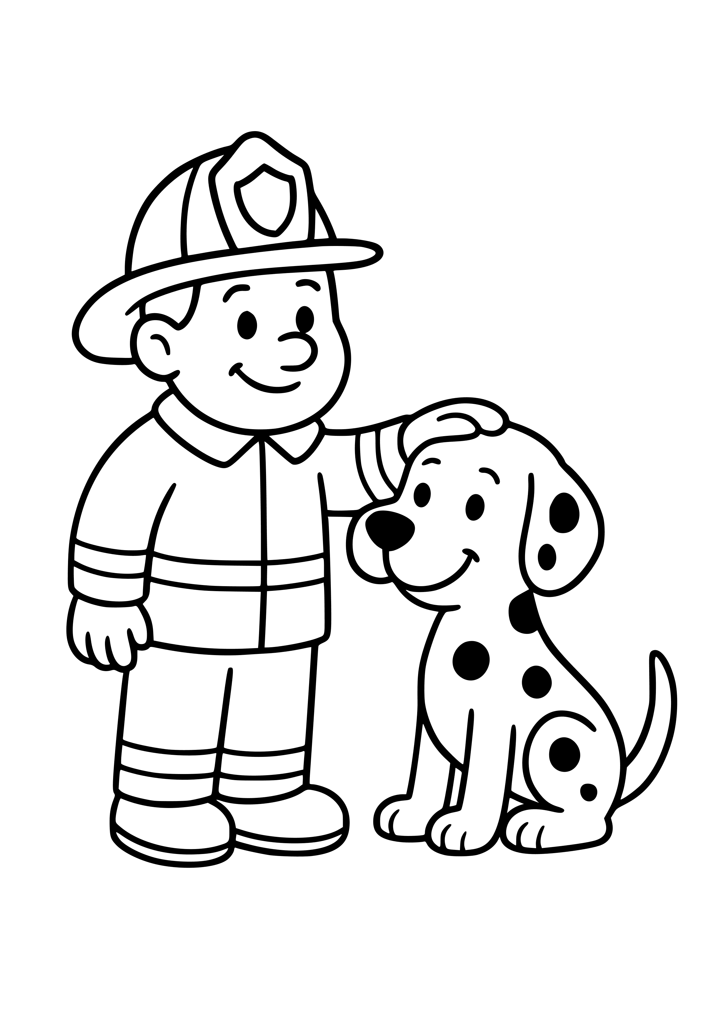 Firefighter Interacting with a Fire Station Mascot Coloring Page