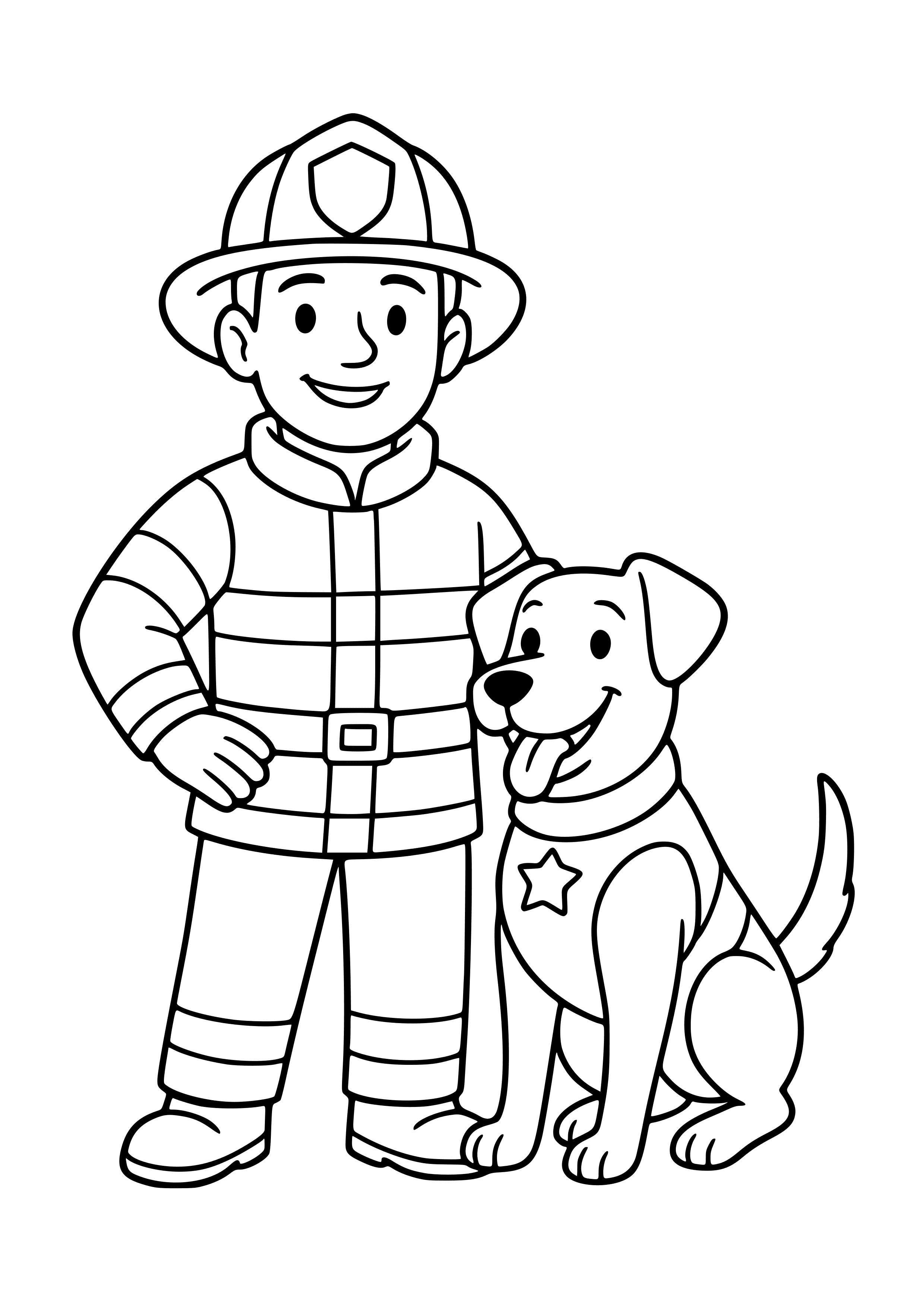Firefighter Posing with a Hero Dog Coloring Page