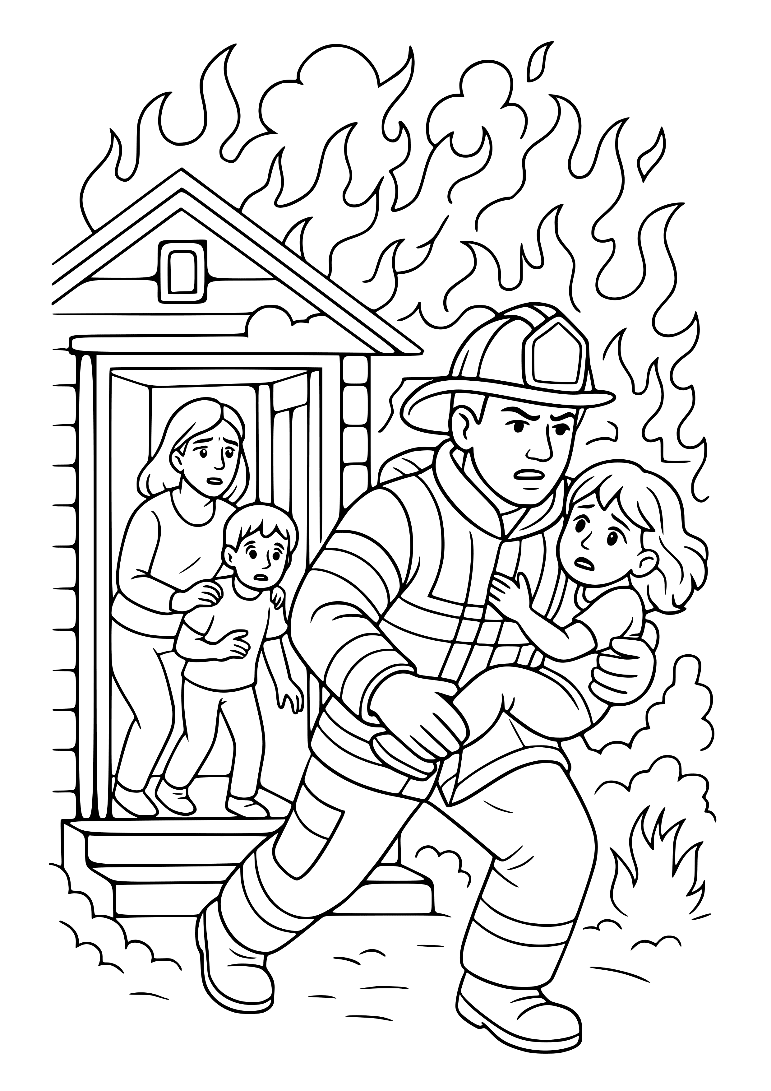 Firefighter Rescuing a Family From a House Coloring Page