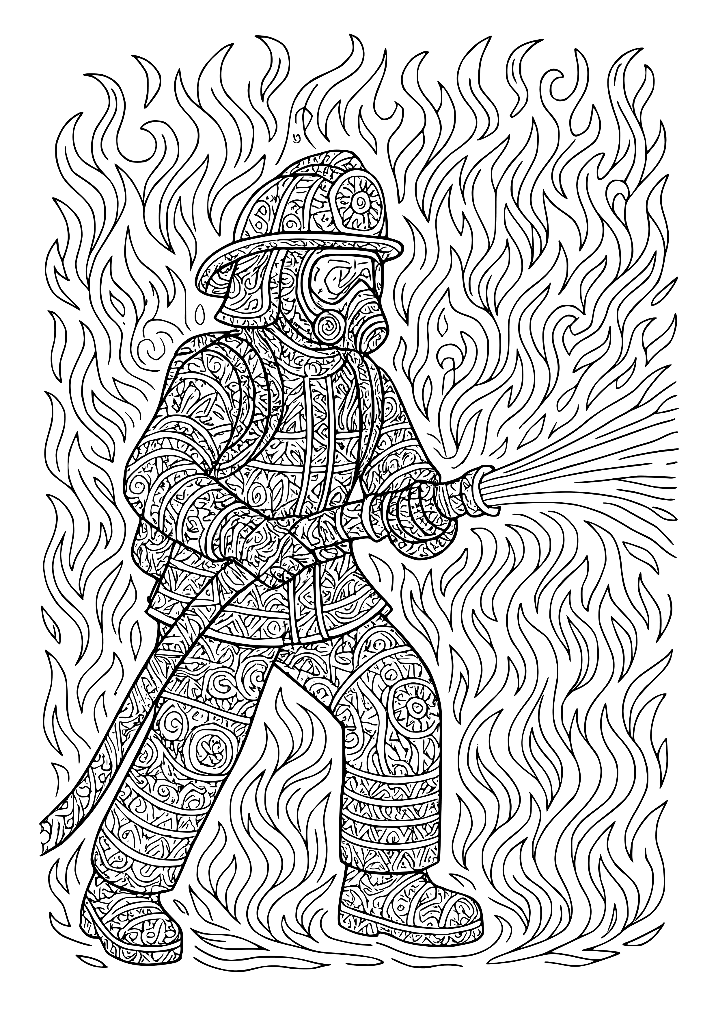 Firefighter with a Hose and Flames in the Background Coloring Page