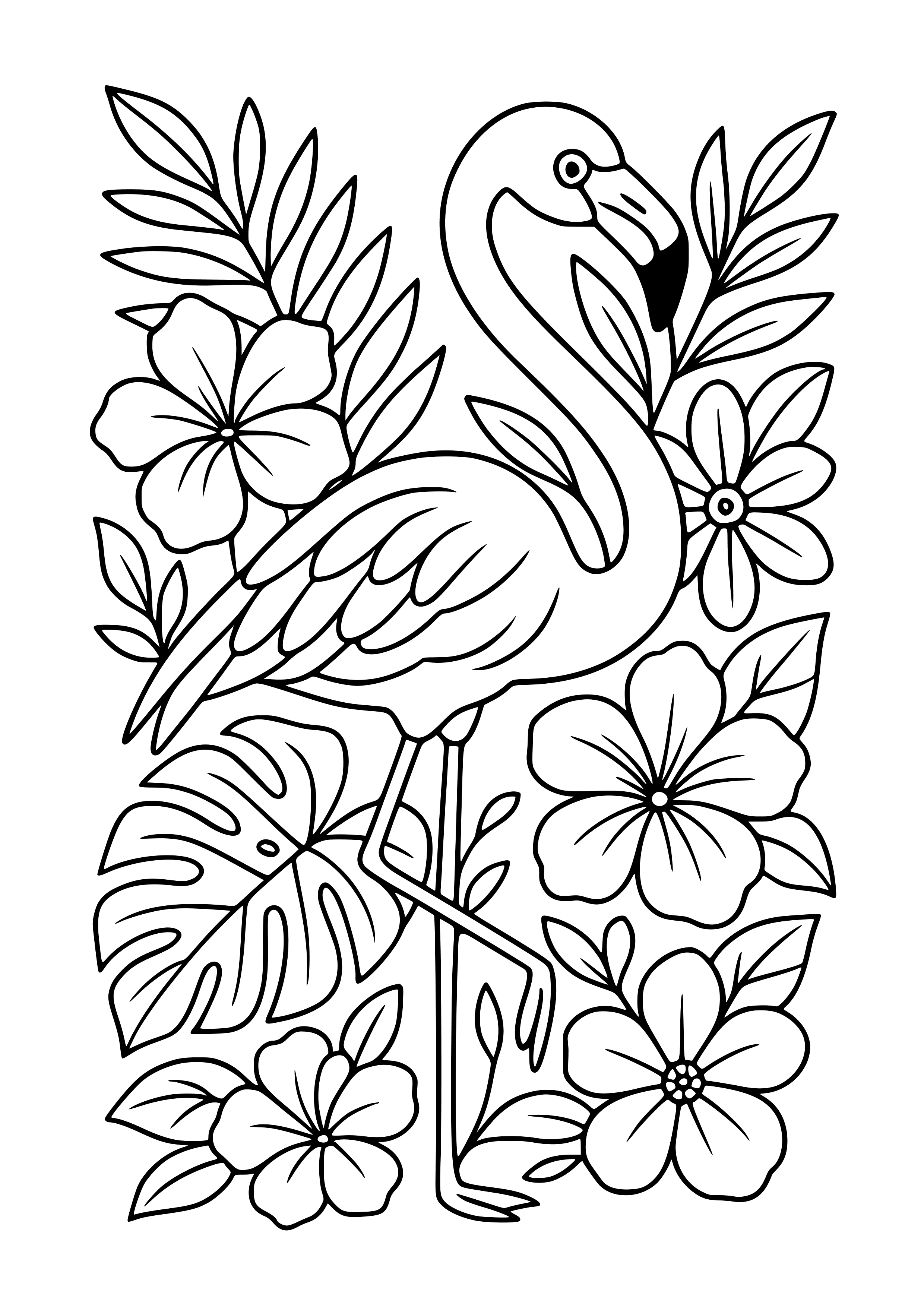 Flamingo Among Tropical Flowers Coloring Page