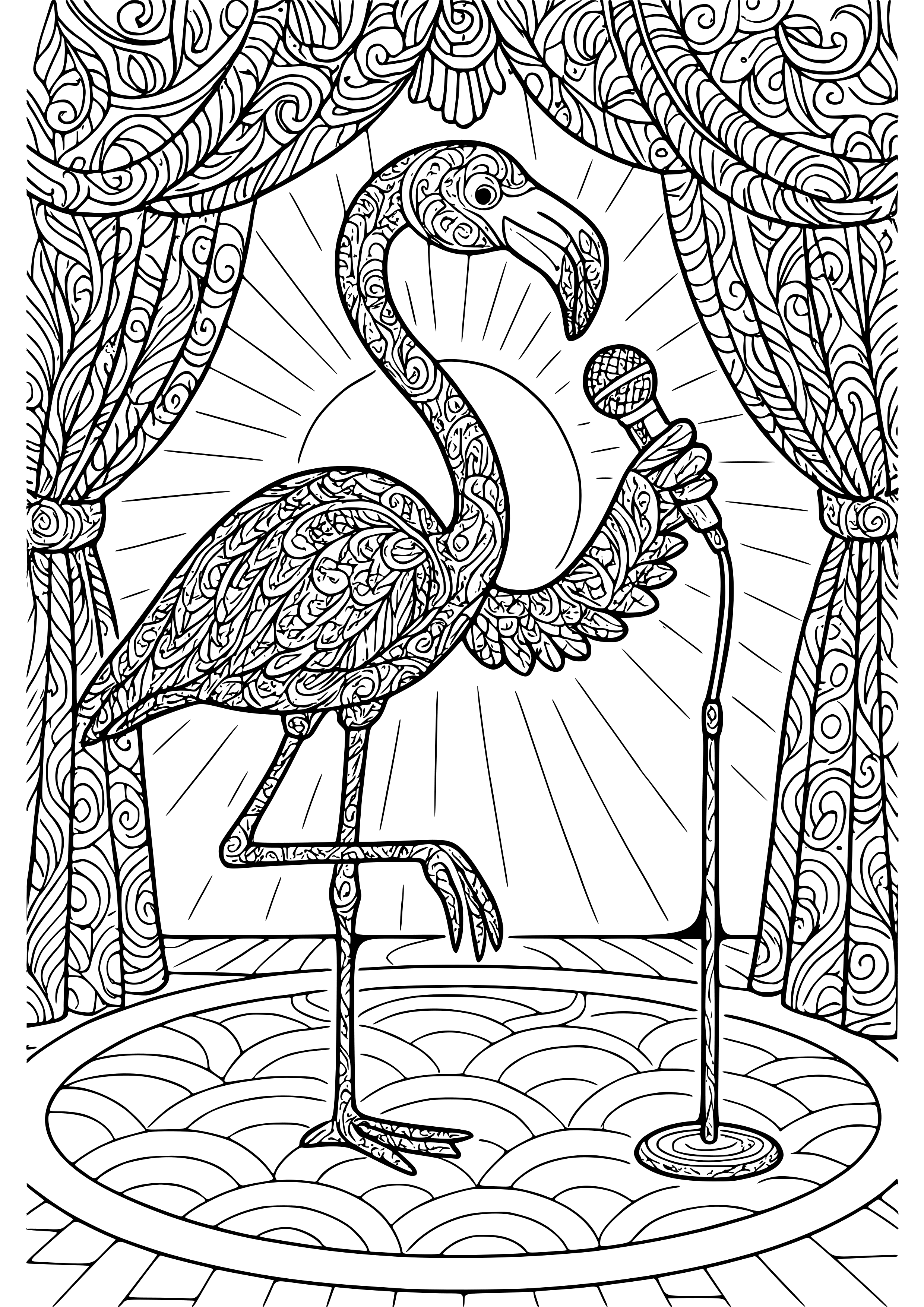Flamingo Doing Stand-up Comedy on Stage Coloring Page