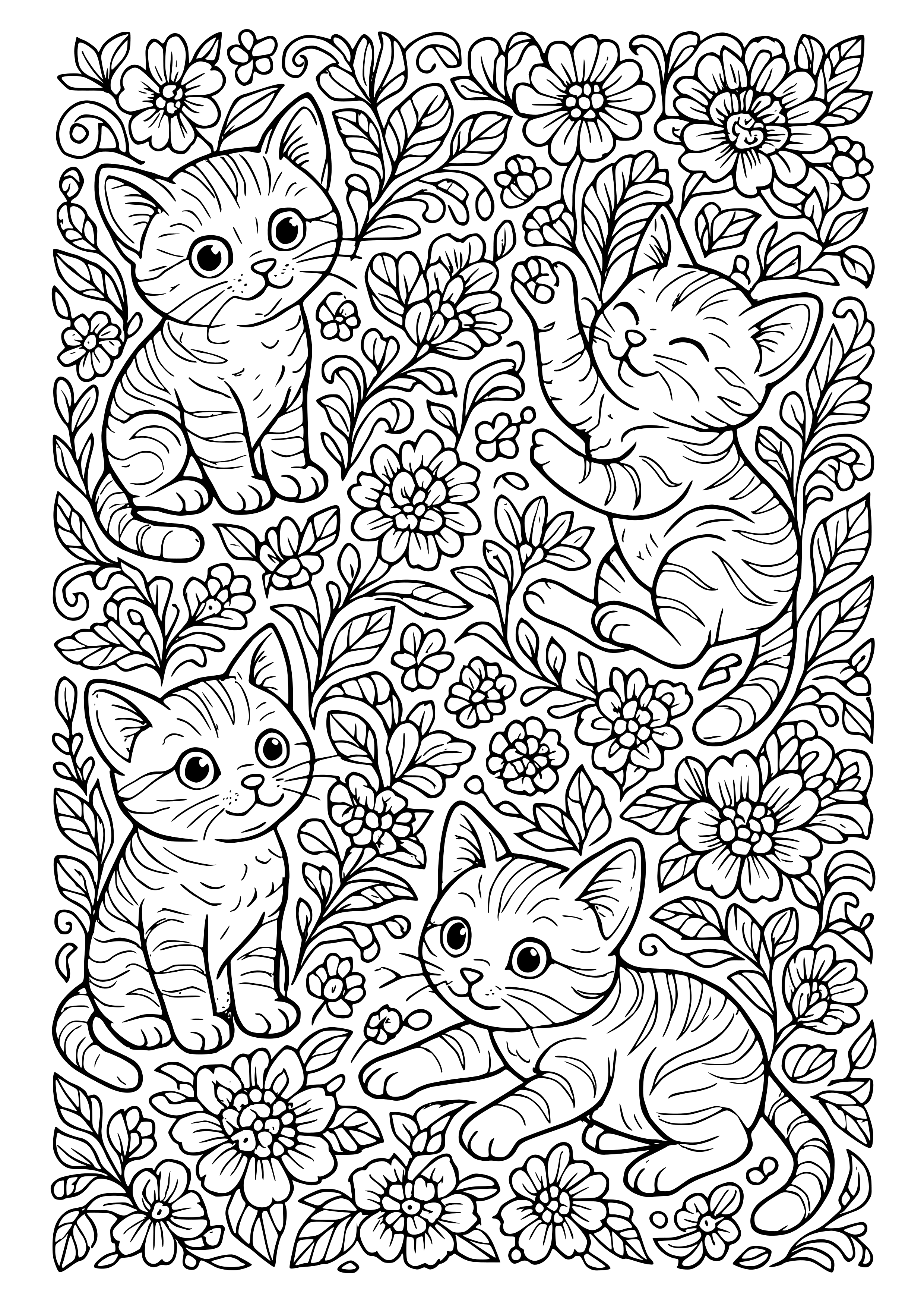 Floral Designs with Playful Kittens Coloring Page