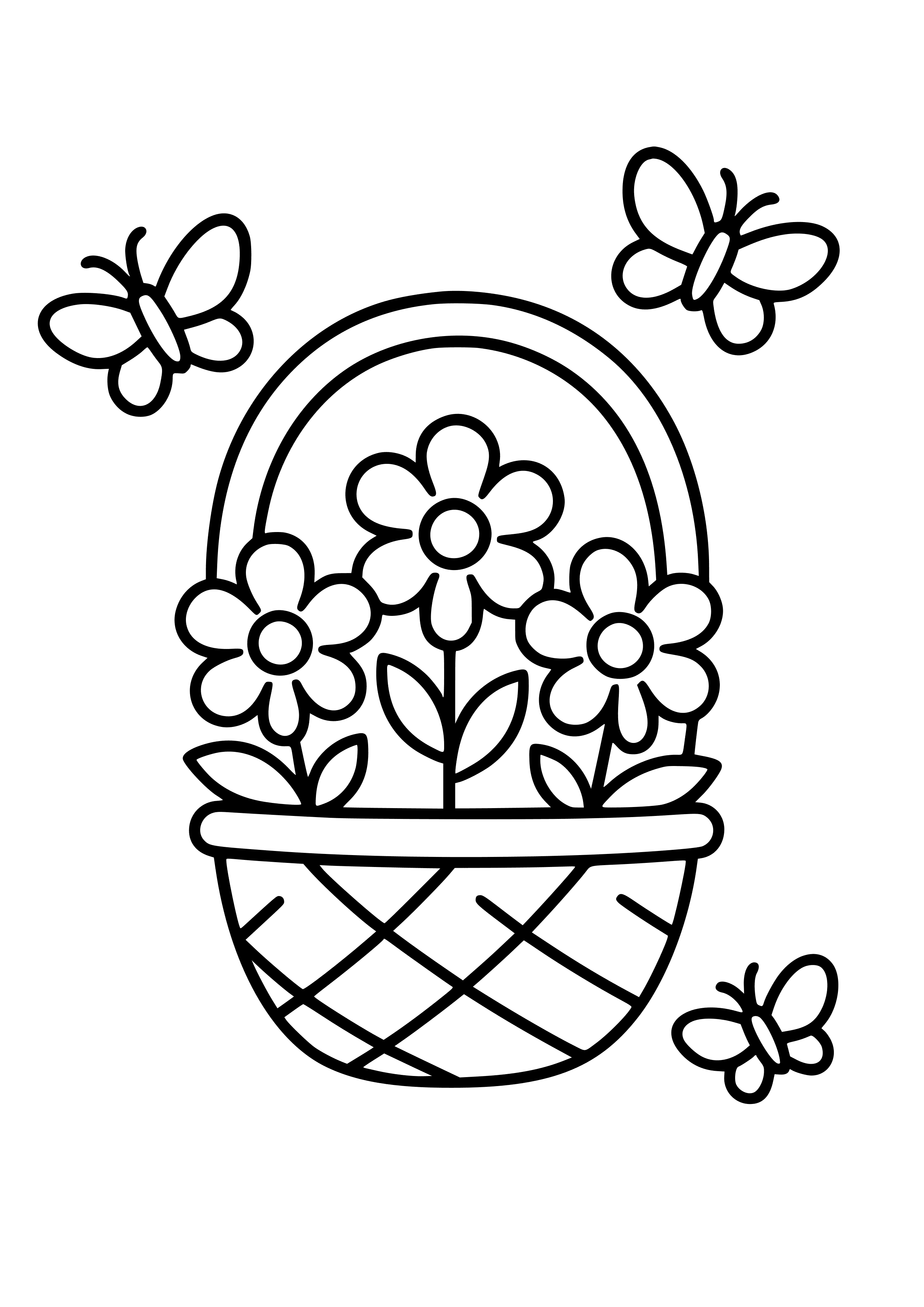 Flower Basket with Butterflies Around Coloring Page