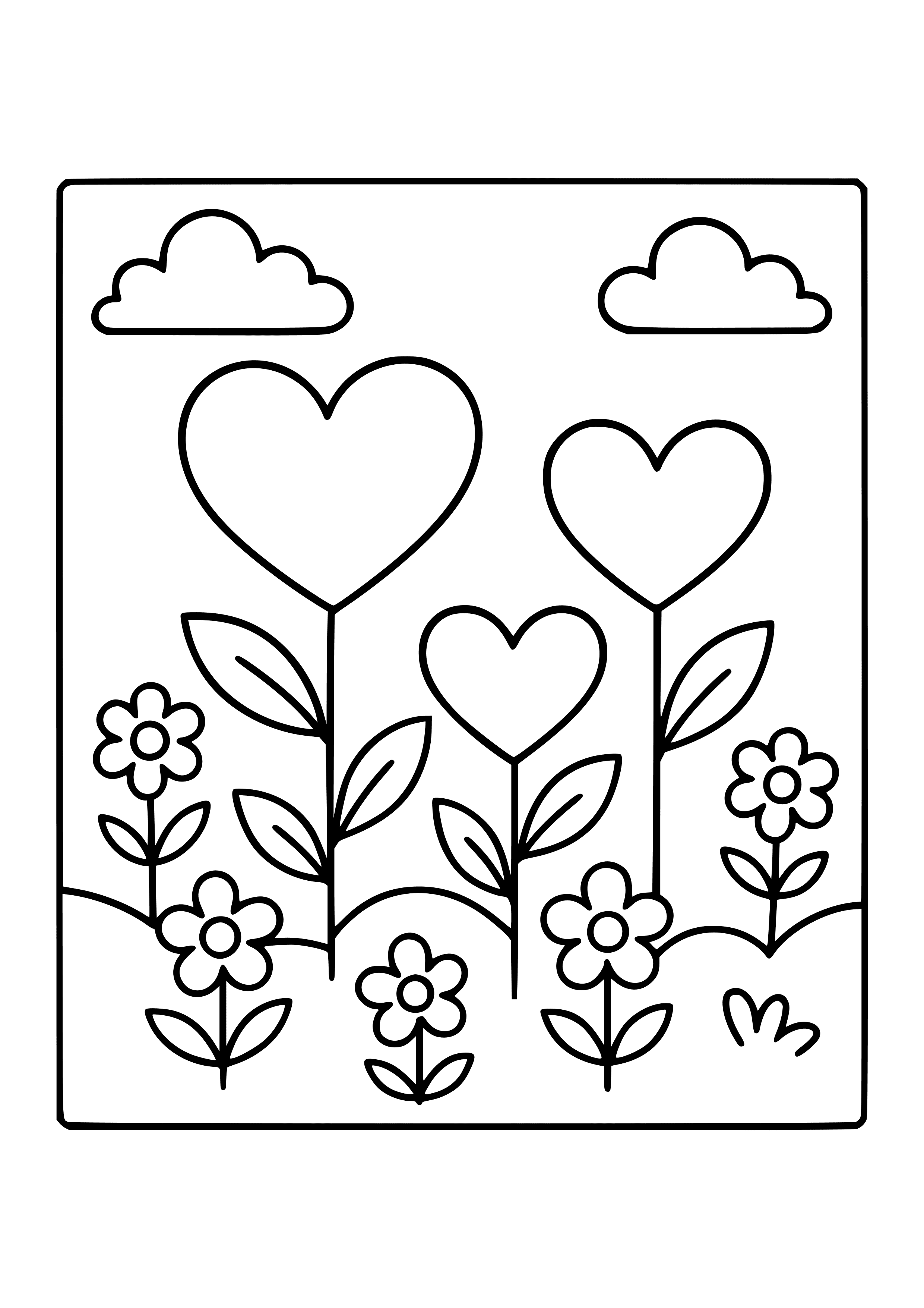 Flower Garden with Heart-shaped Flowers Coloring Page