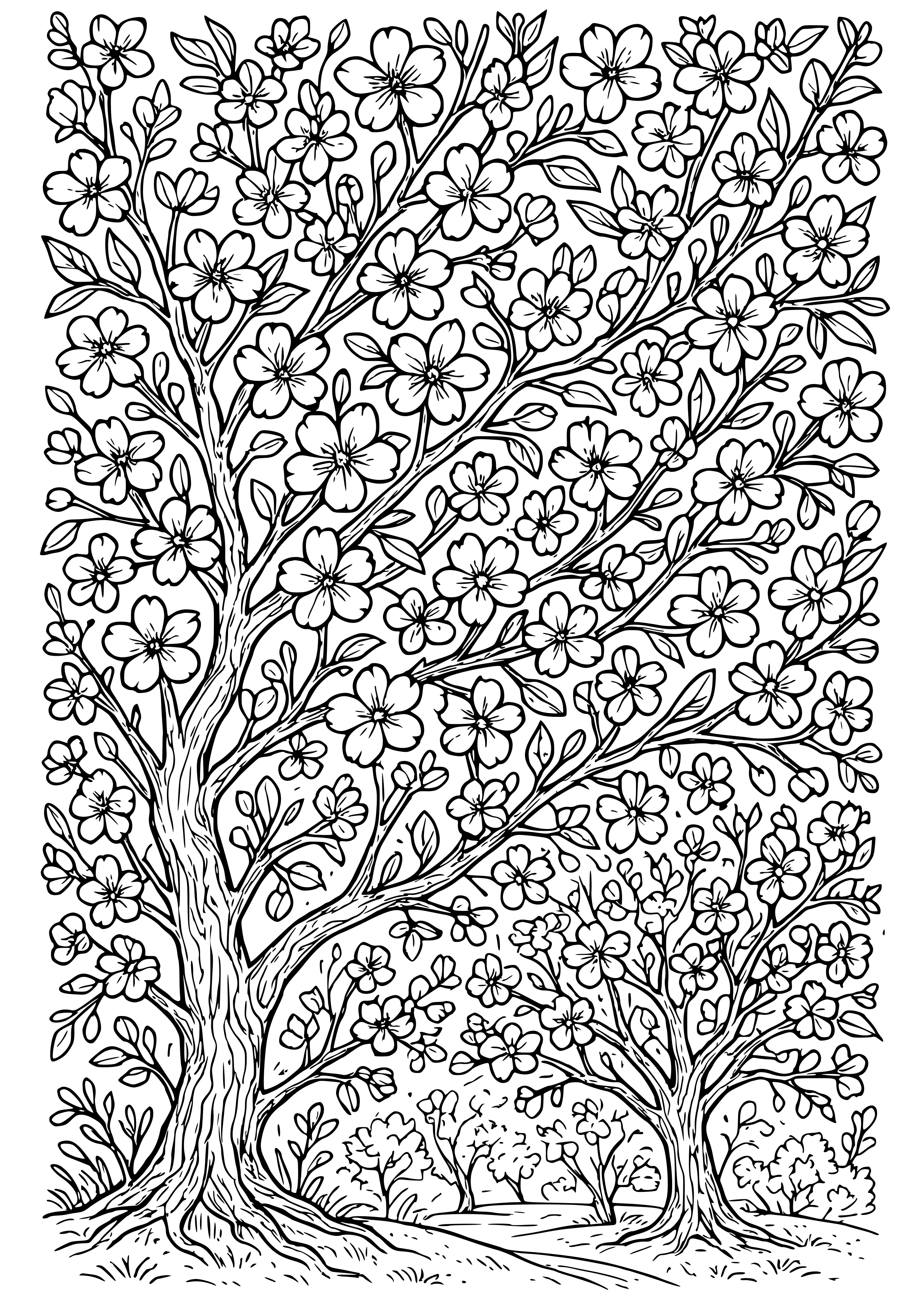 Flowering Cherry Trees in Spring Coloring Page