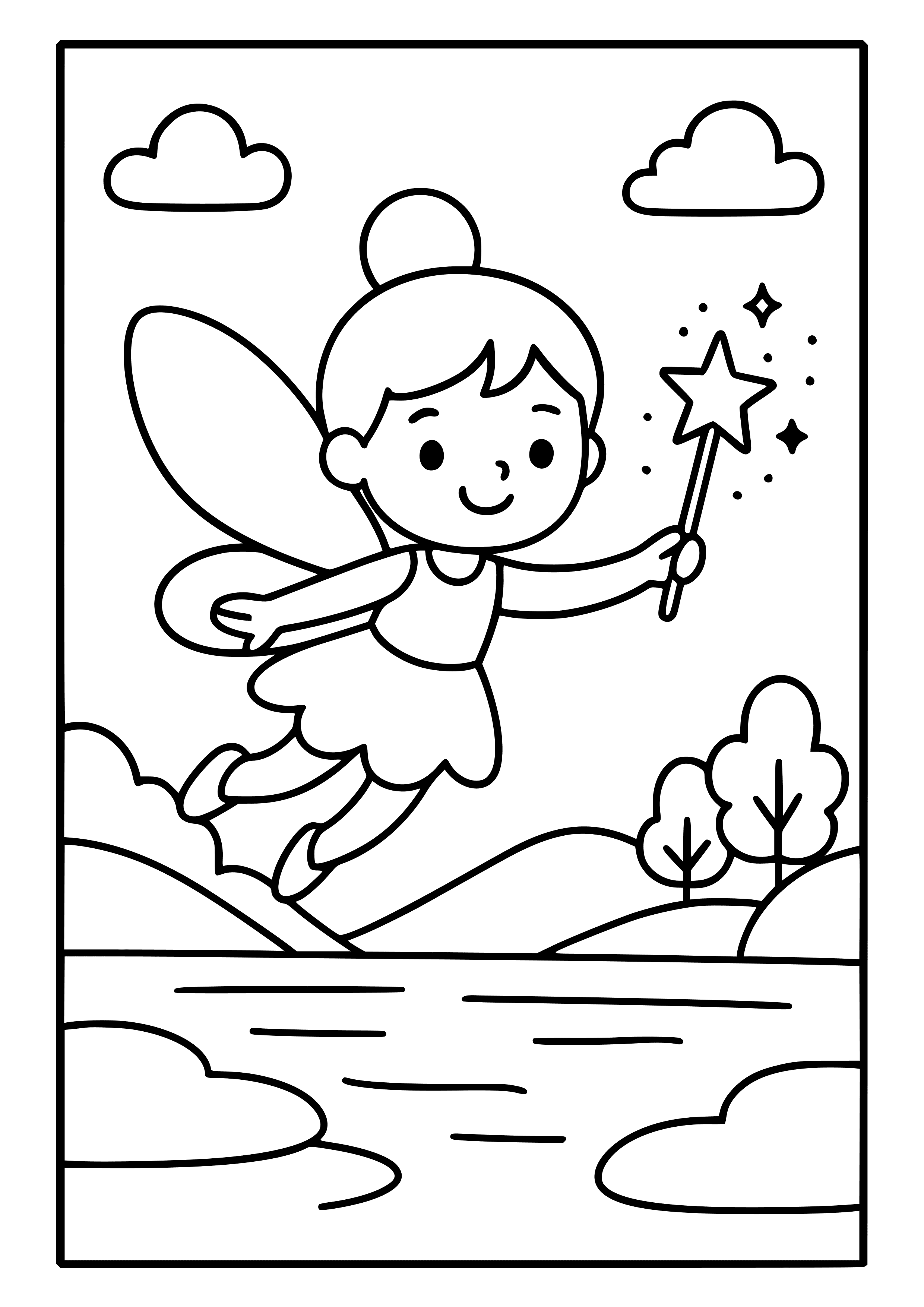 Flying Fairy with Sparkling Wand Above a Lake Coloring Page