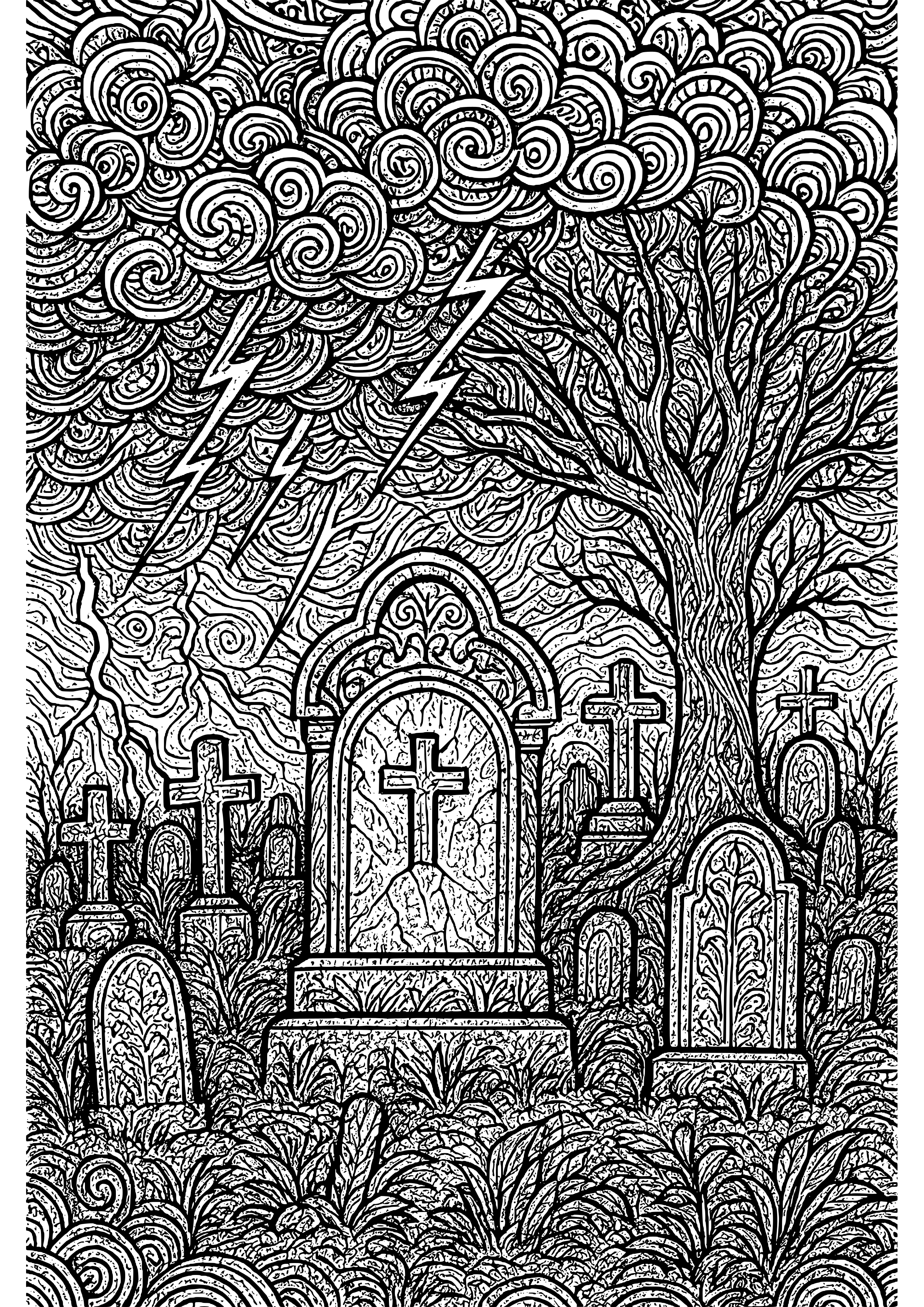 Forbidding Graveyard Under a Stormy Sky Coloring Page