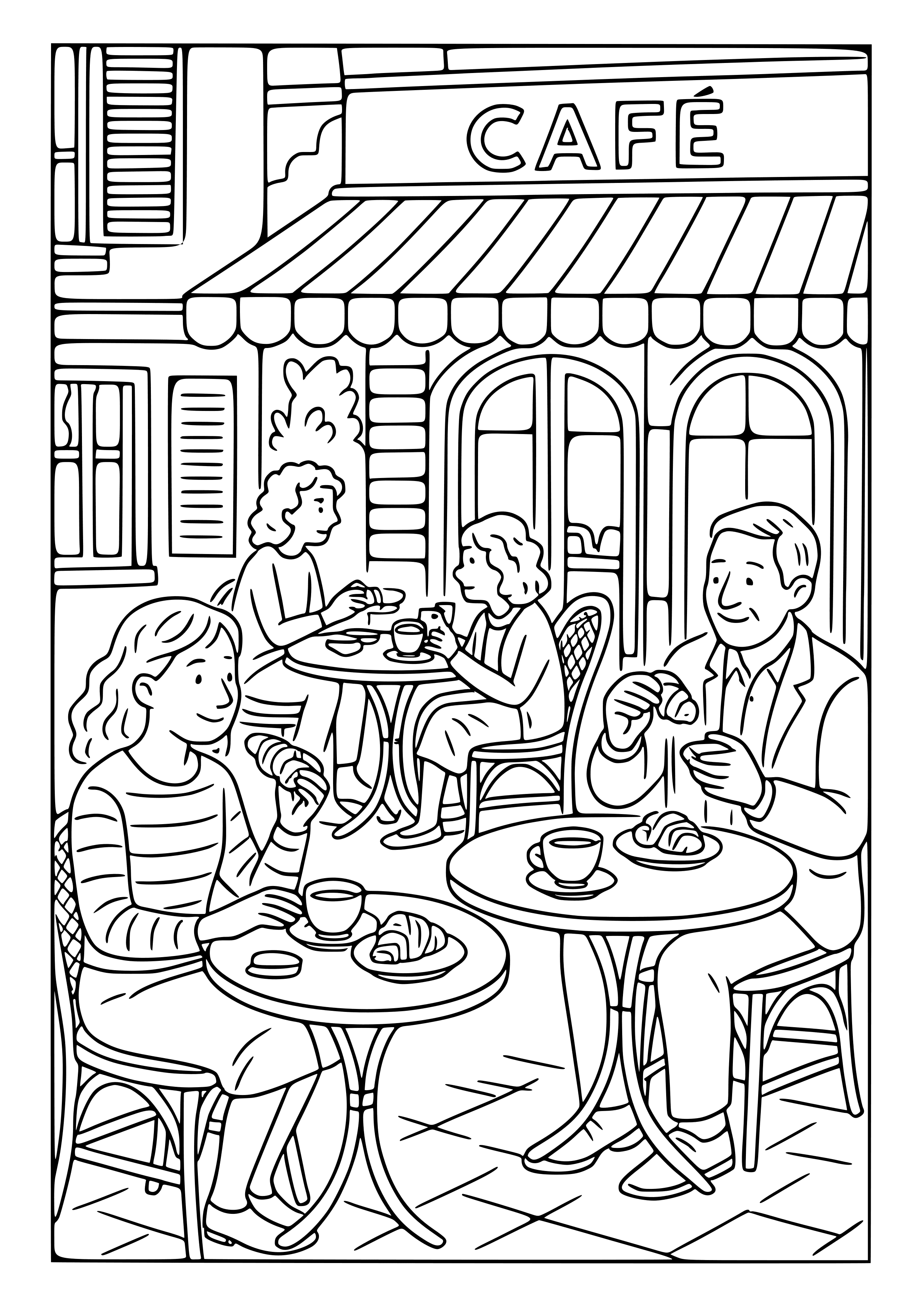 French Street Café with People Enjoying Pastries Coloring Page