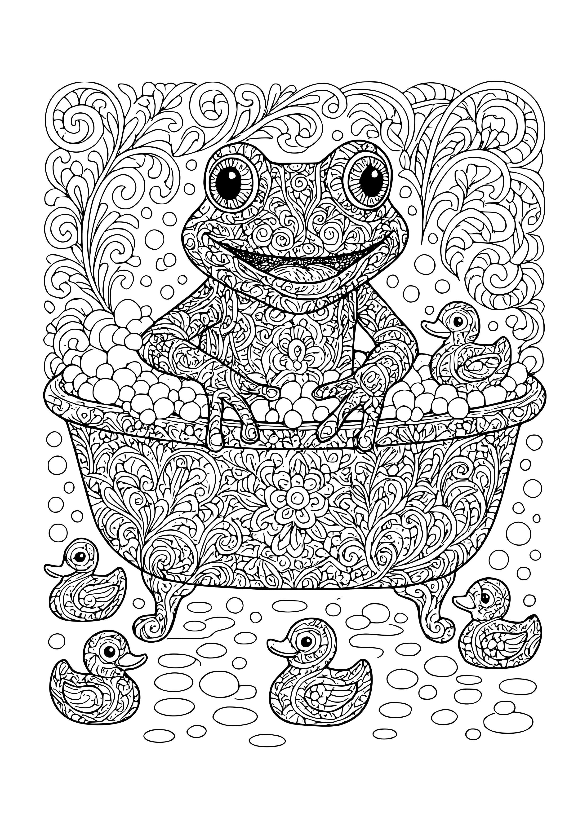 Frog in a Bathtub with Rubber Ducks Coloring Page