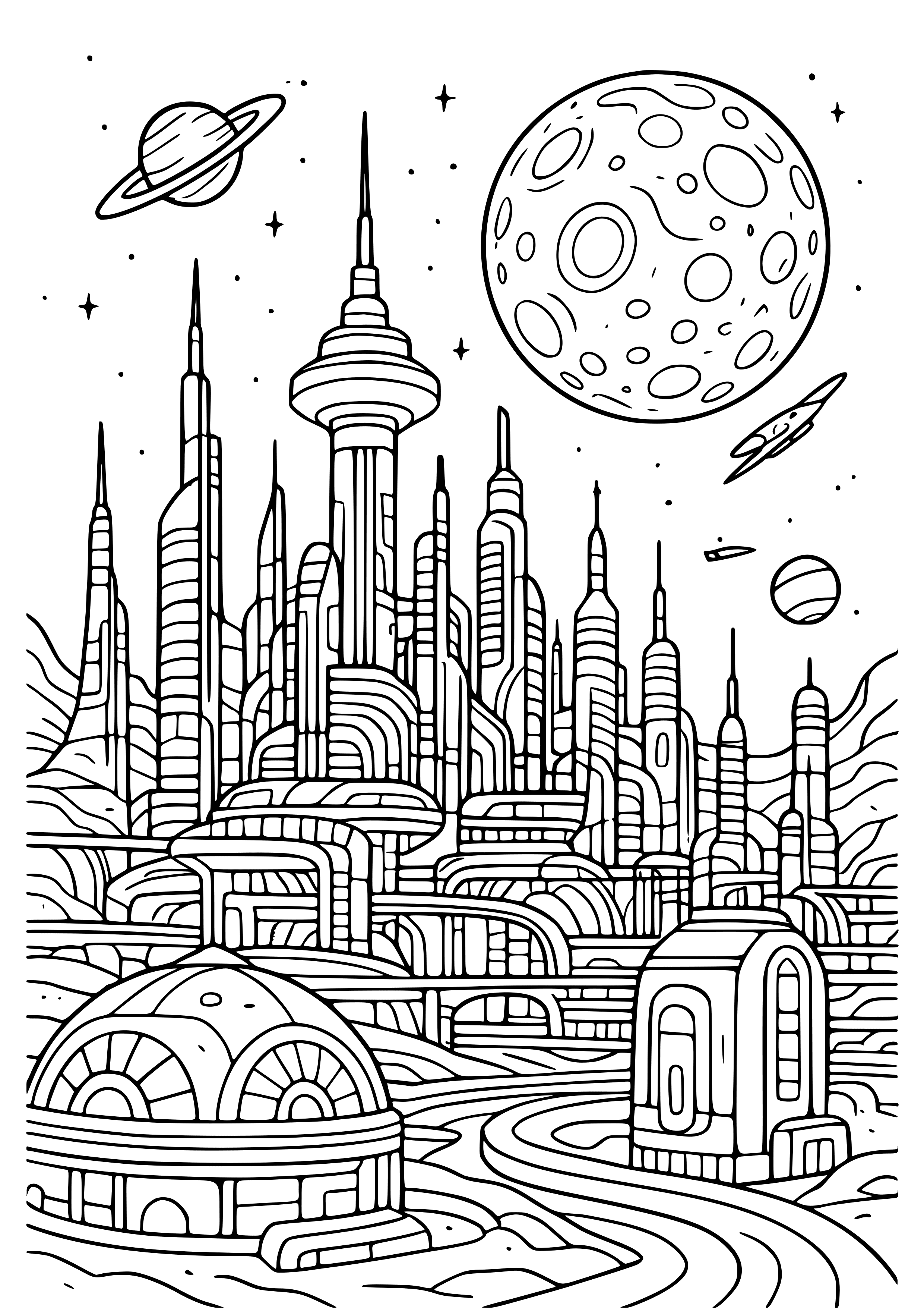 Futuristic City on a Distant Planet Coloring Page