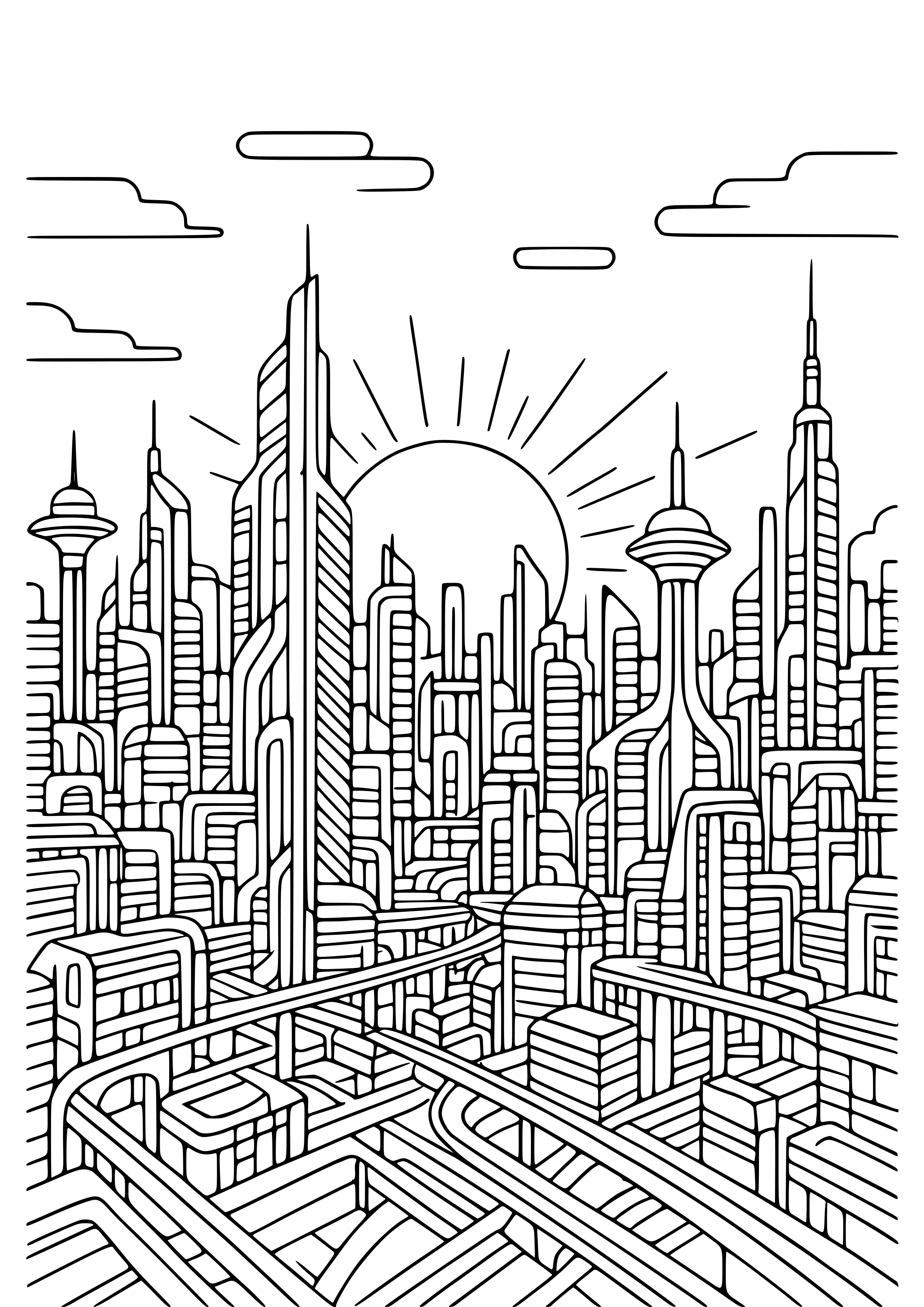 Futuristic City Skyline at Sunset Coloring Page