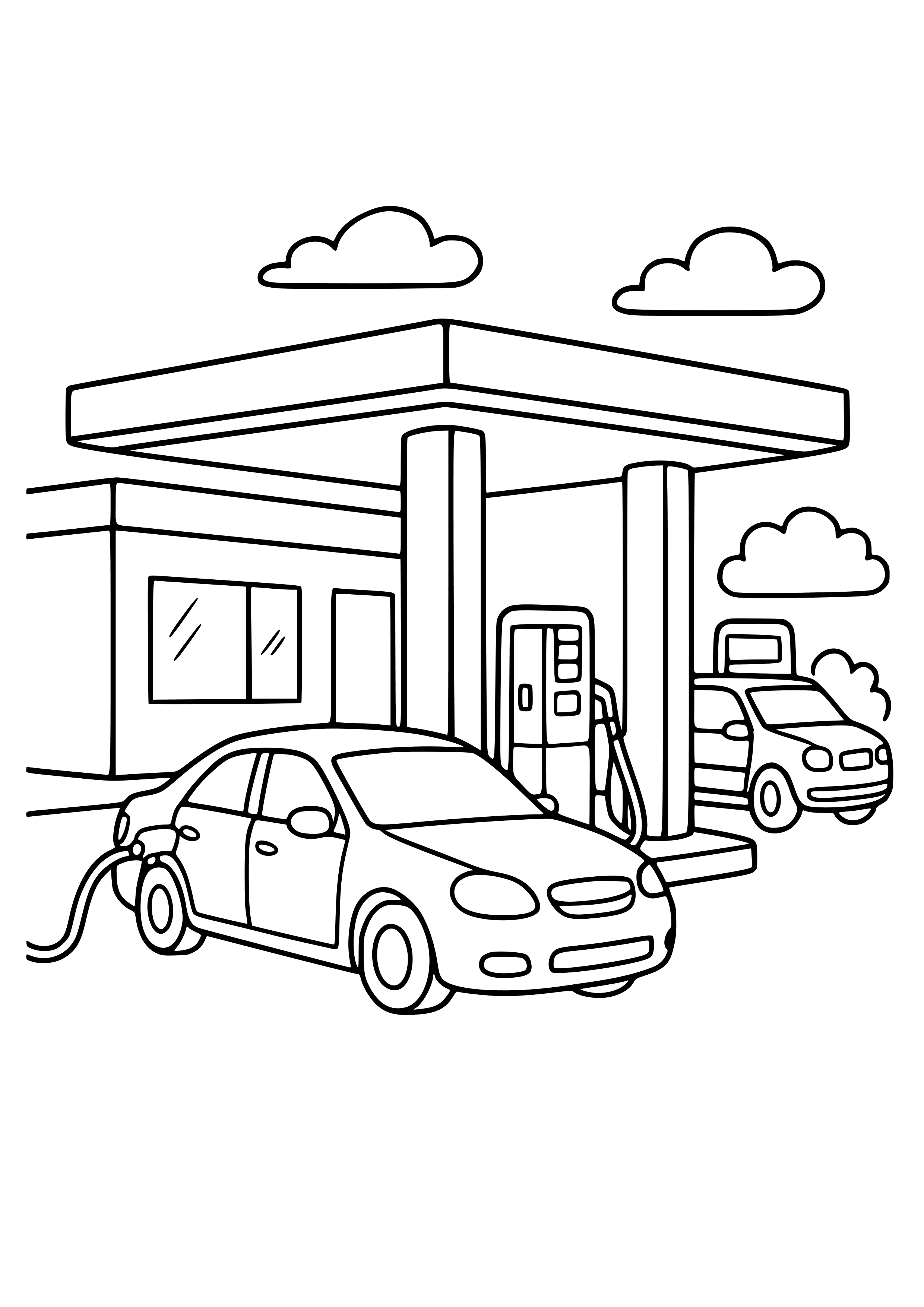 Gas Station with Cars Refueling Coloring Page