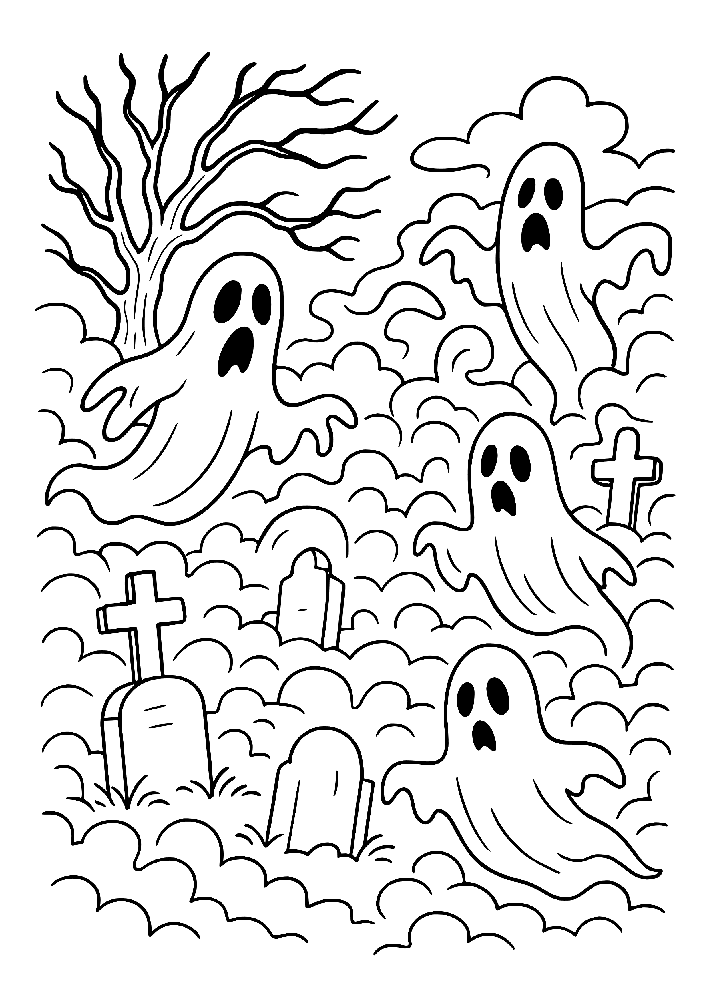 Ghastly Figures in a Foggy Graveyard Coloring Page
