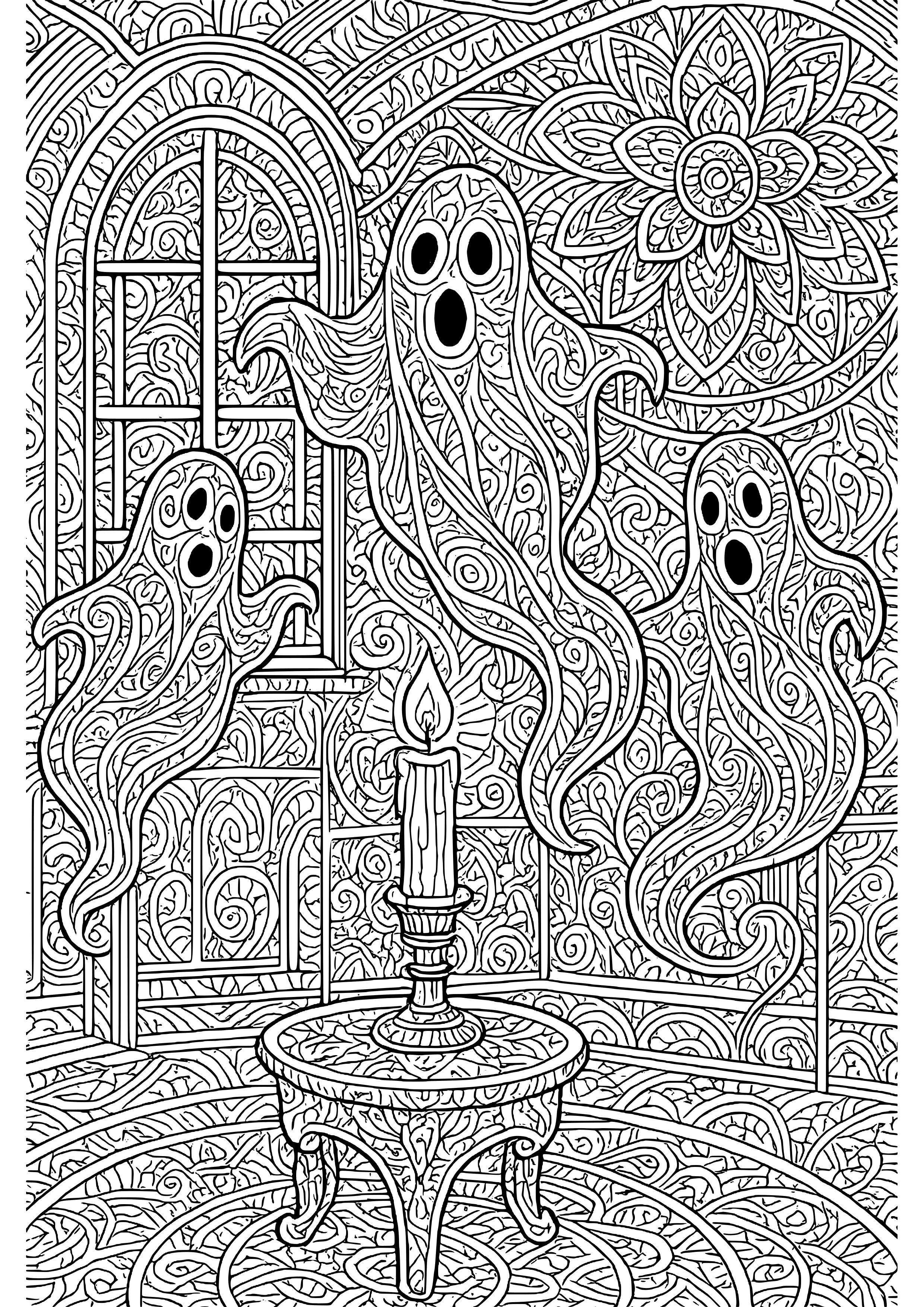 Ghostly Apparitions in a Candle-lit Room Coloring Page