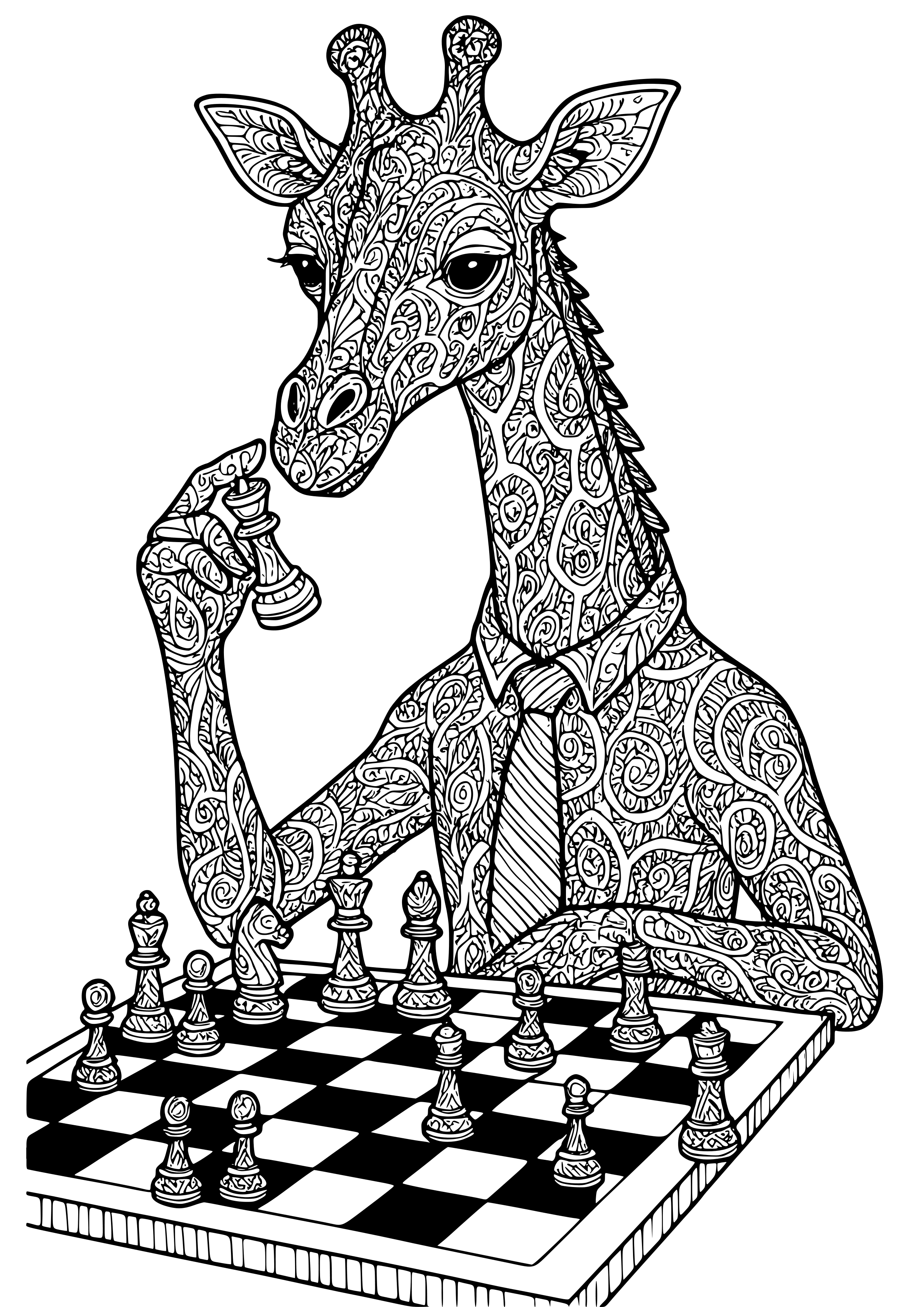 Giraffe in a Necktie Playing Chess Coloring Page