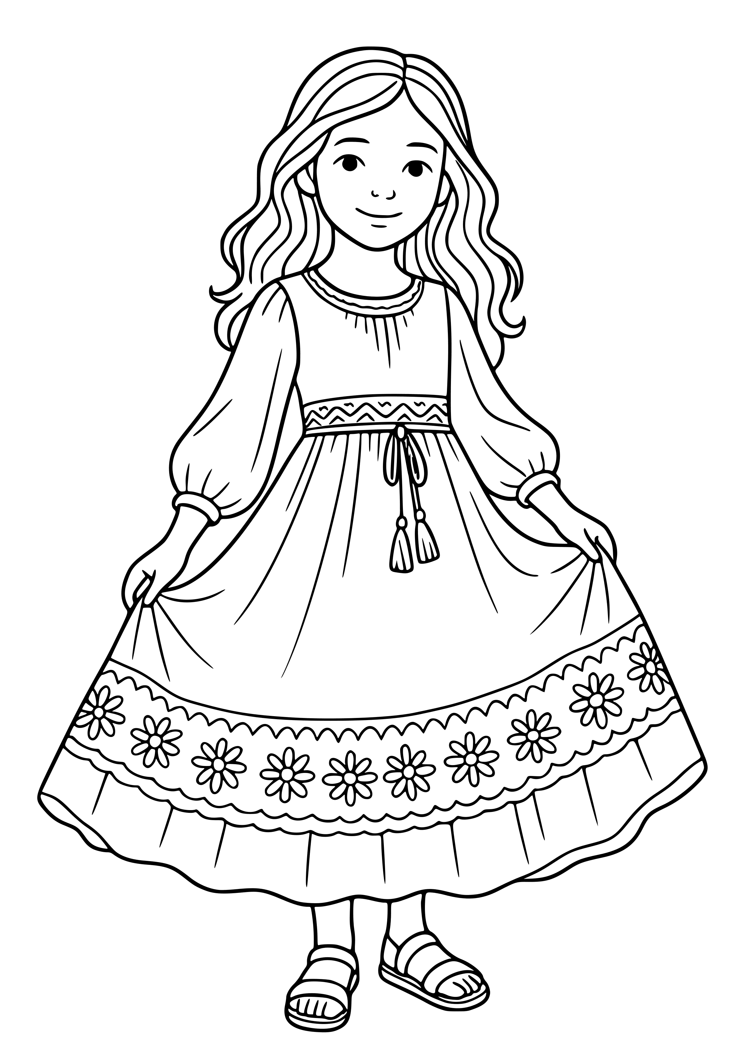 Girl in a Flowing Bohemian Dress Coloring Page