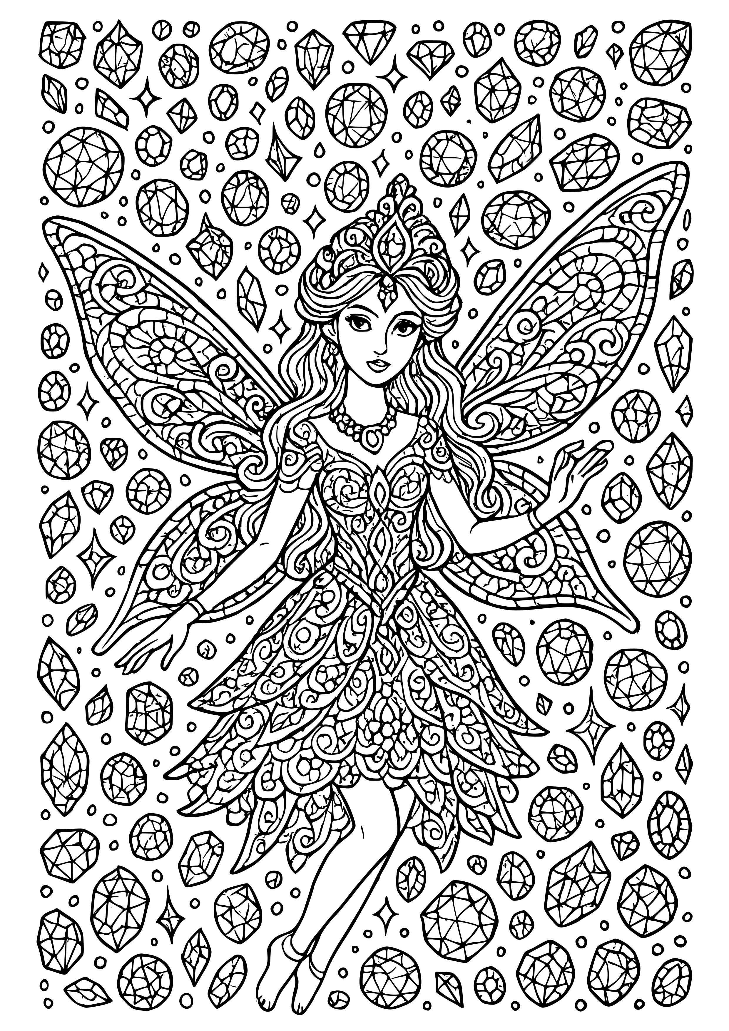 Glittering Fairy Surrounded by Sparkling Jewels Coloring Page