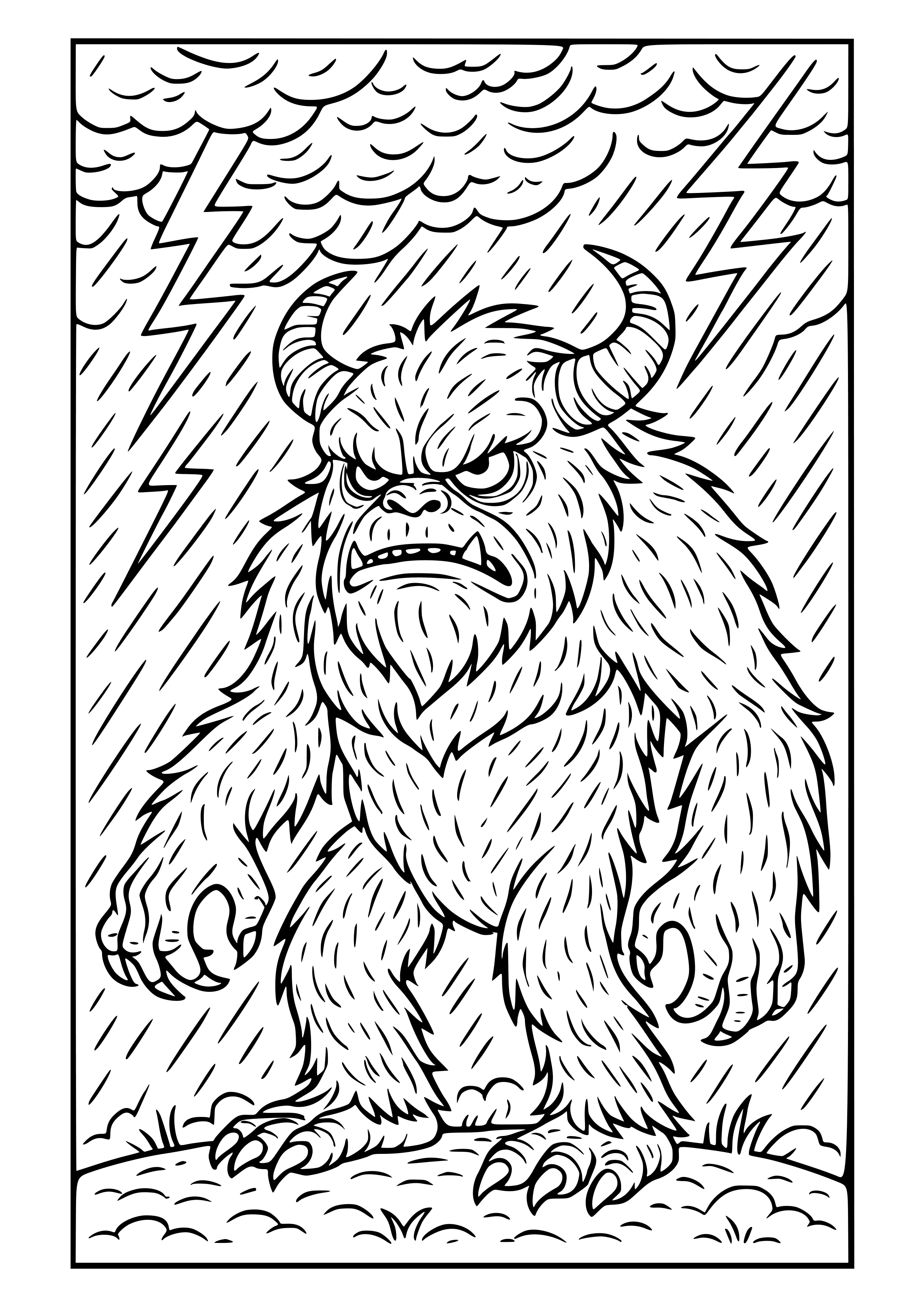 Gloomy Gray Monster in a Thunderstorm Coloring Page