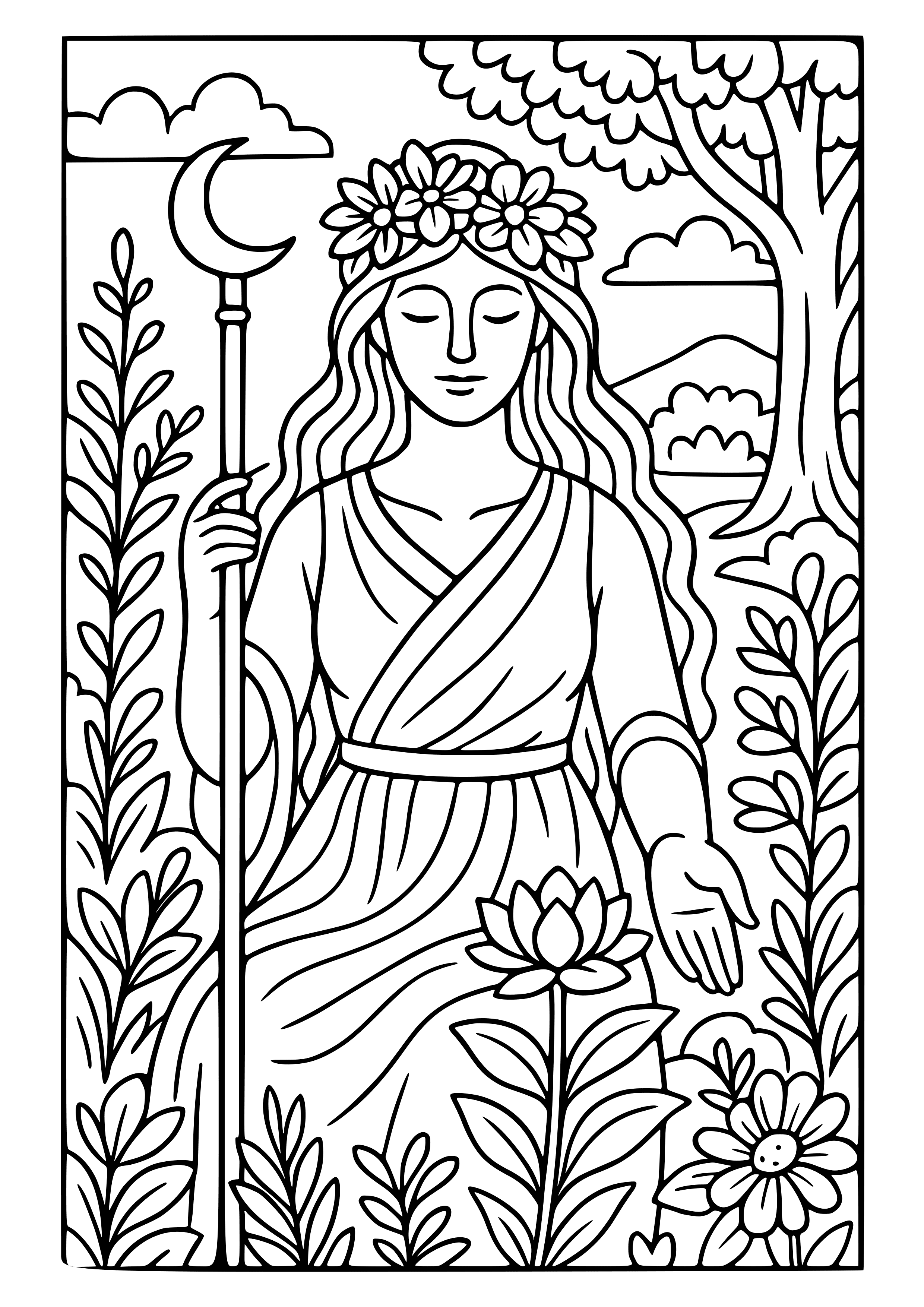 Goddess Figure Surrounded by Nature Coloring Page