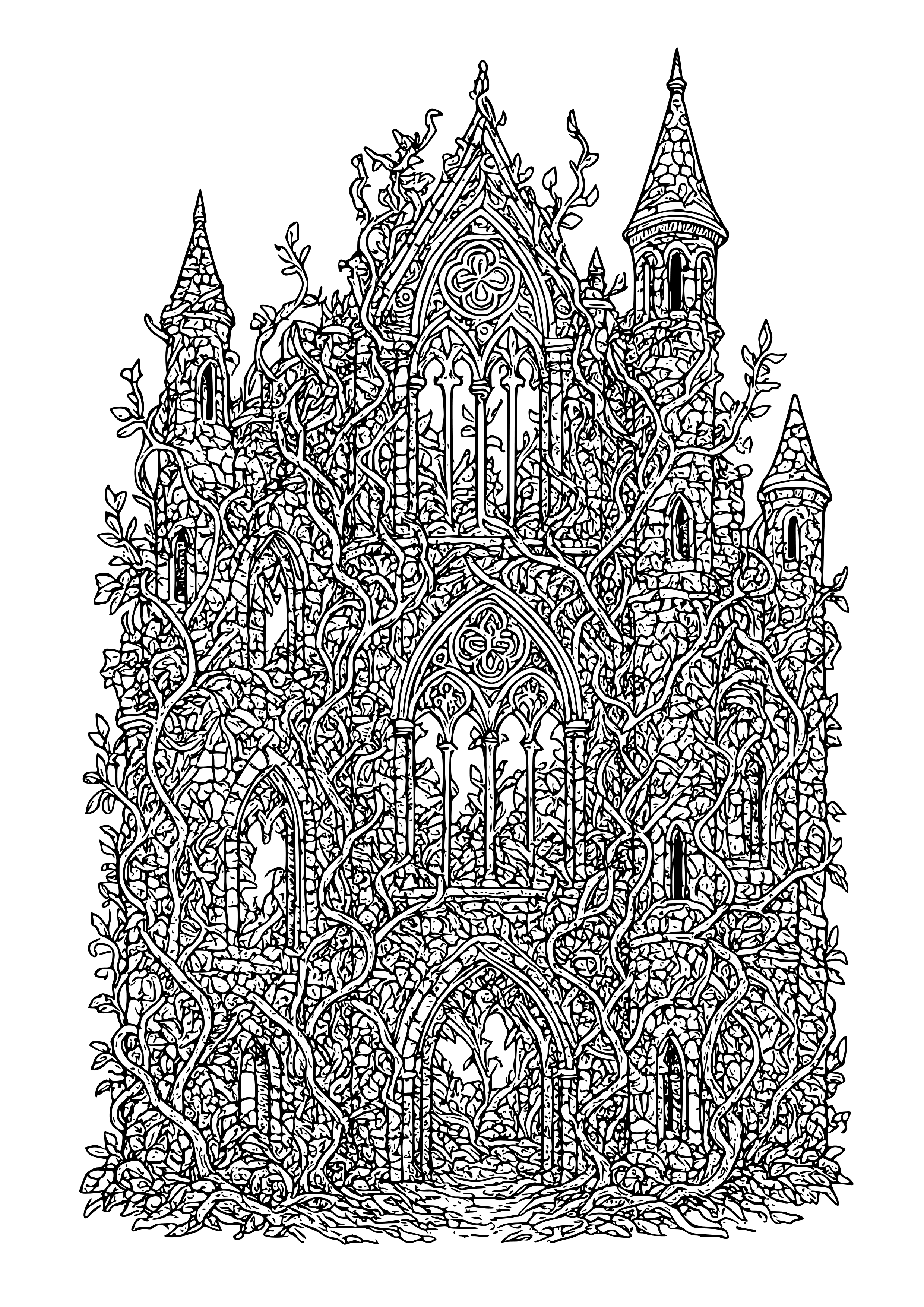 Gothic Castle Ruins Overgrown with Vines Coloring Page