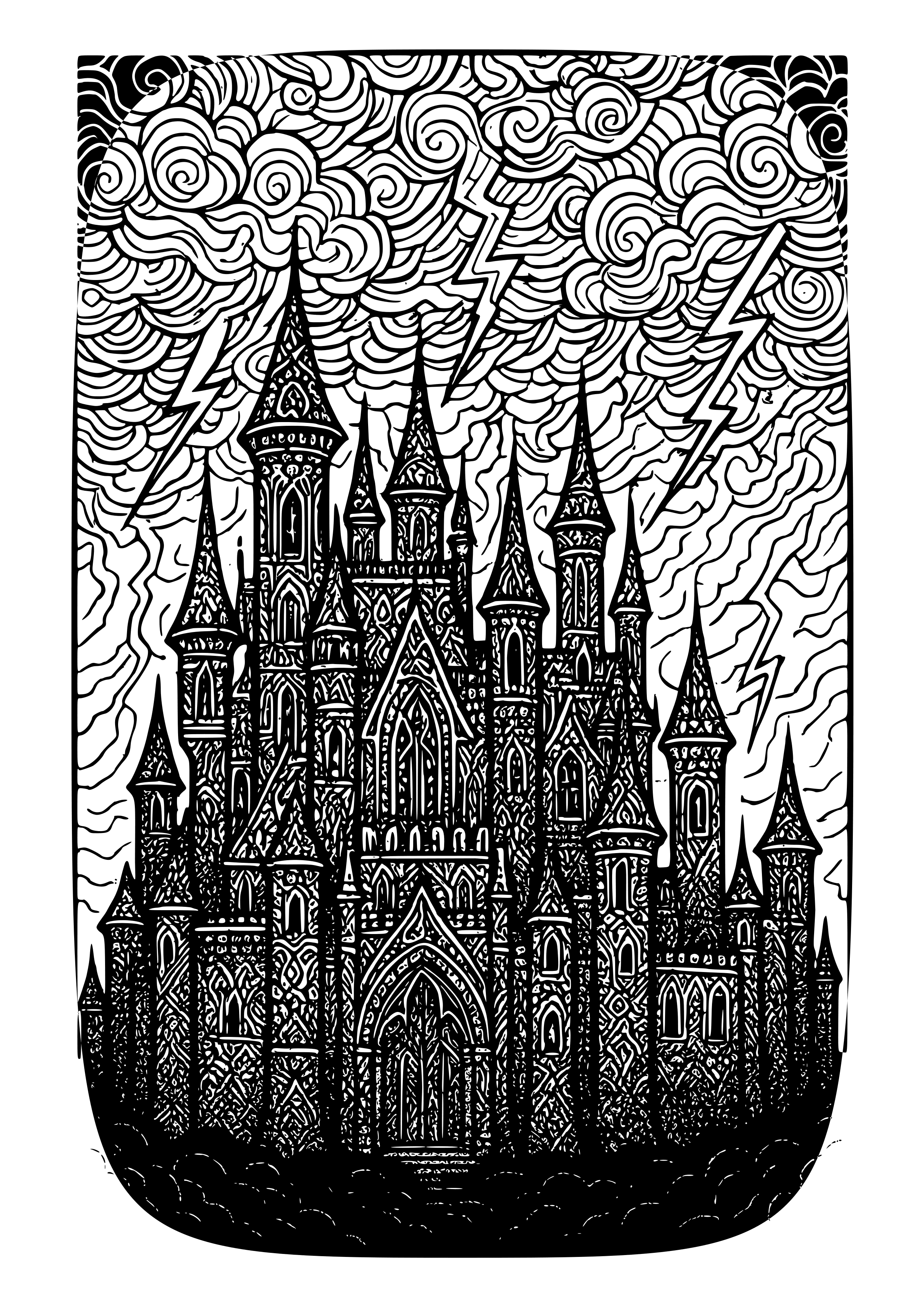 Gothic Castle Silhouette Against a Stormy Sky Coloring Page