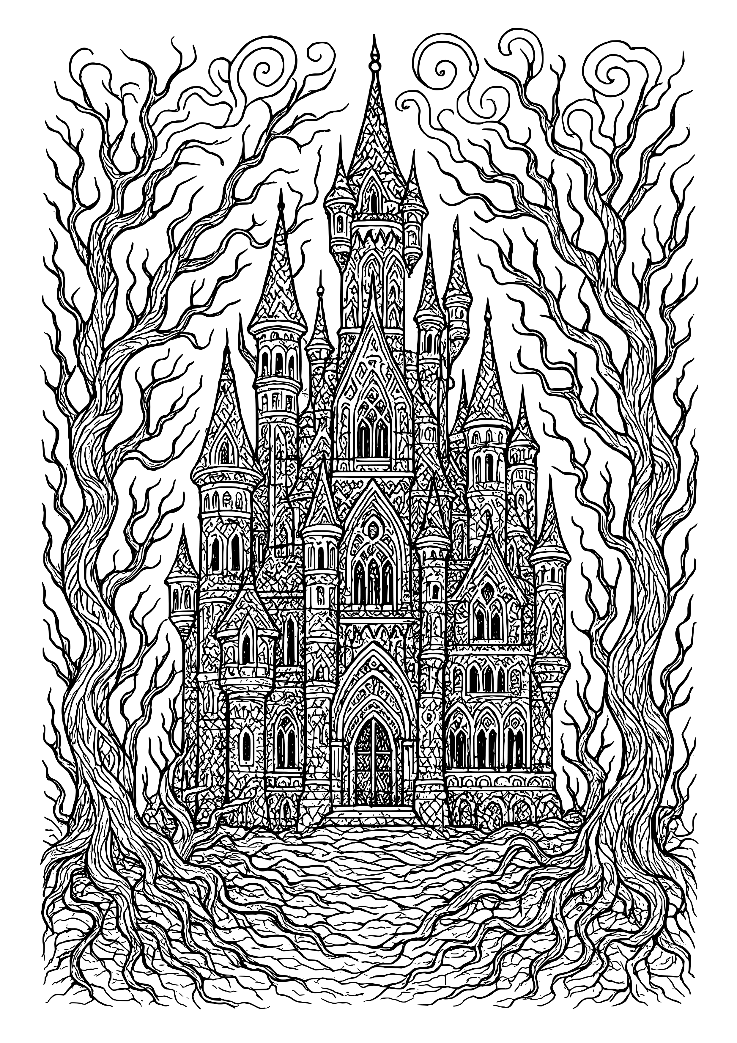 Gothic Castle with Twisted Trees Coloring Page