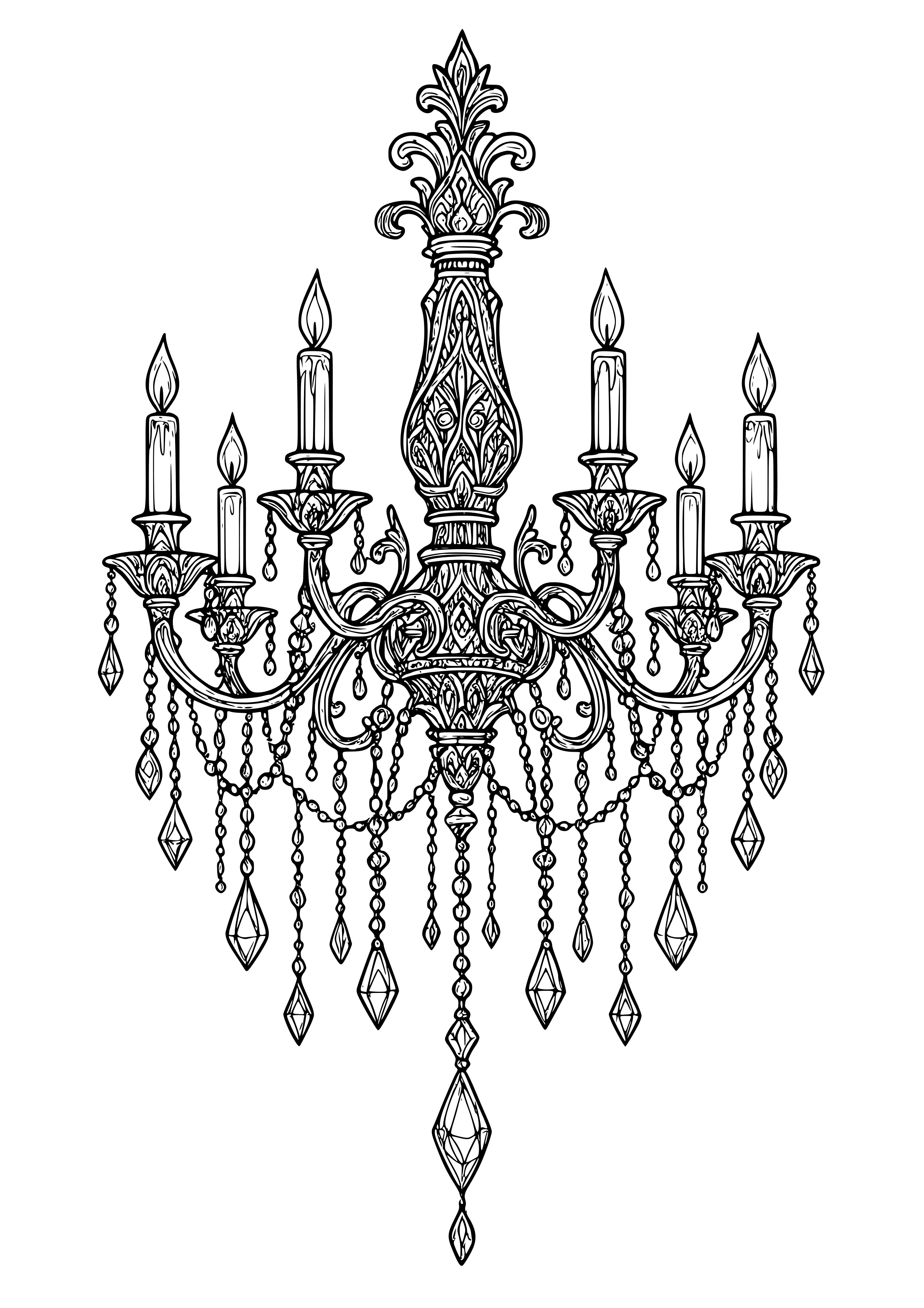 Gothic Chandelier with Hanging Crystals and Shadows Coloring Page