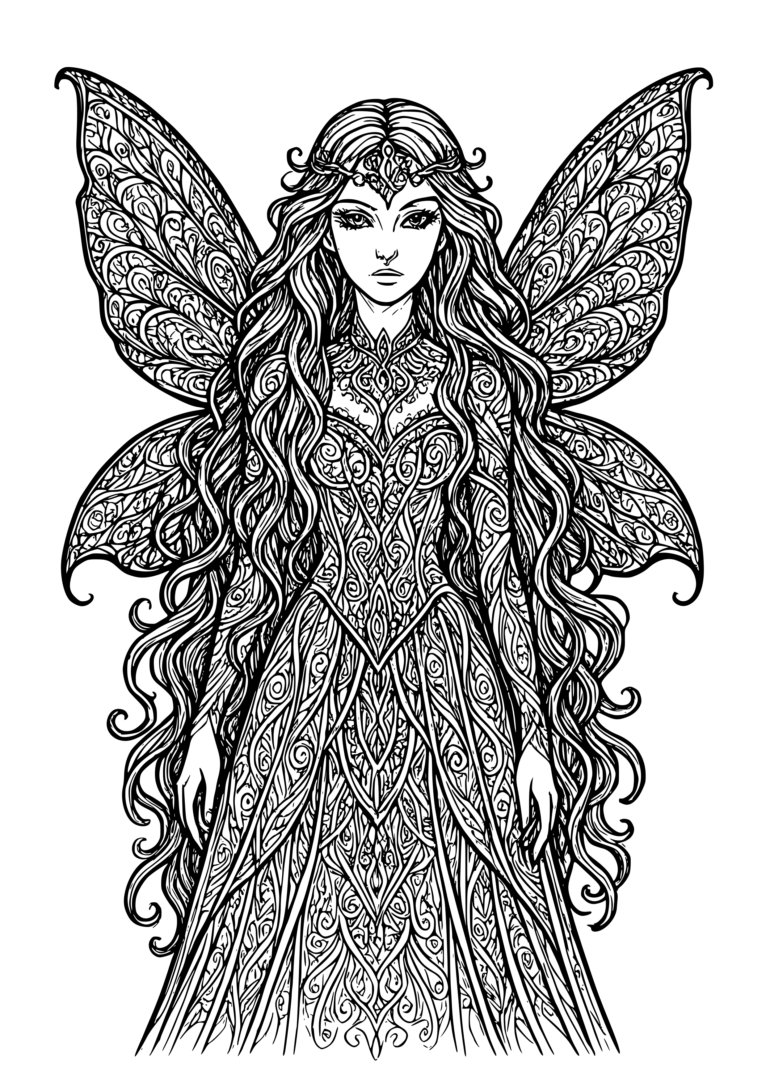 Gothic Fairy with Flowing Hair and Delicate Wings Coloring Page