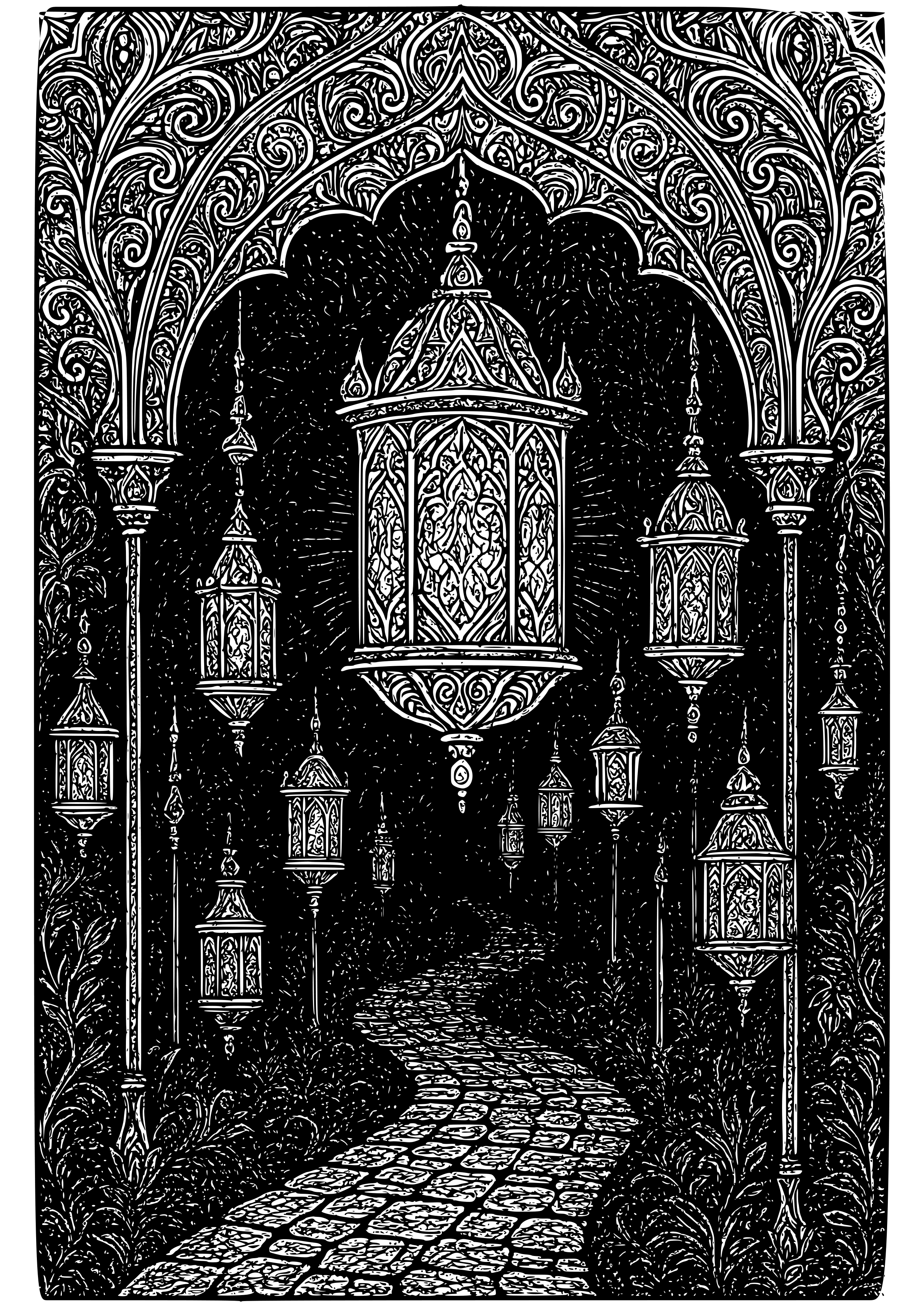 Gothic Lantern Festival Illuminating a Dark Path Coloring Page