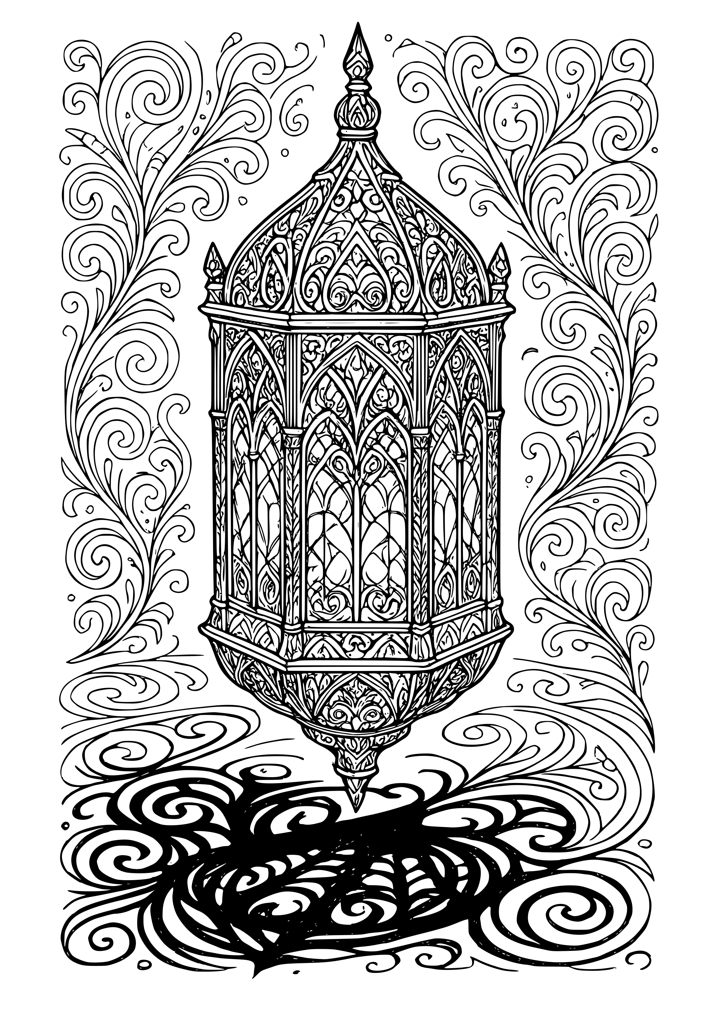 Gothic Lantern with Shadows and Light Play Coloring Page