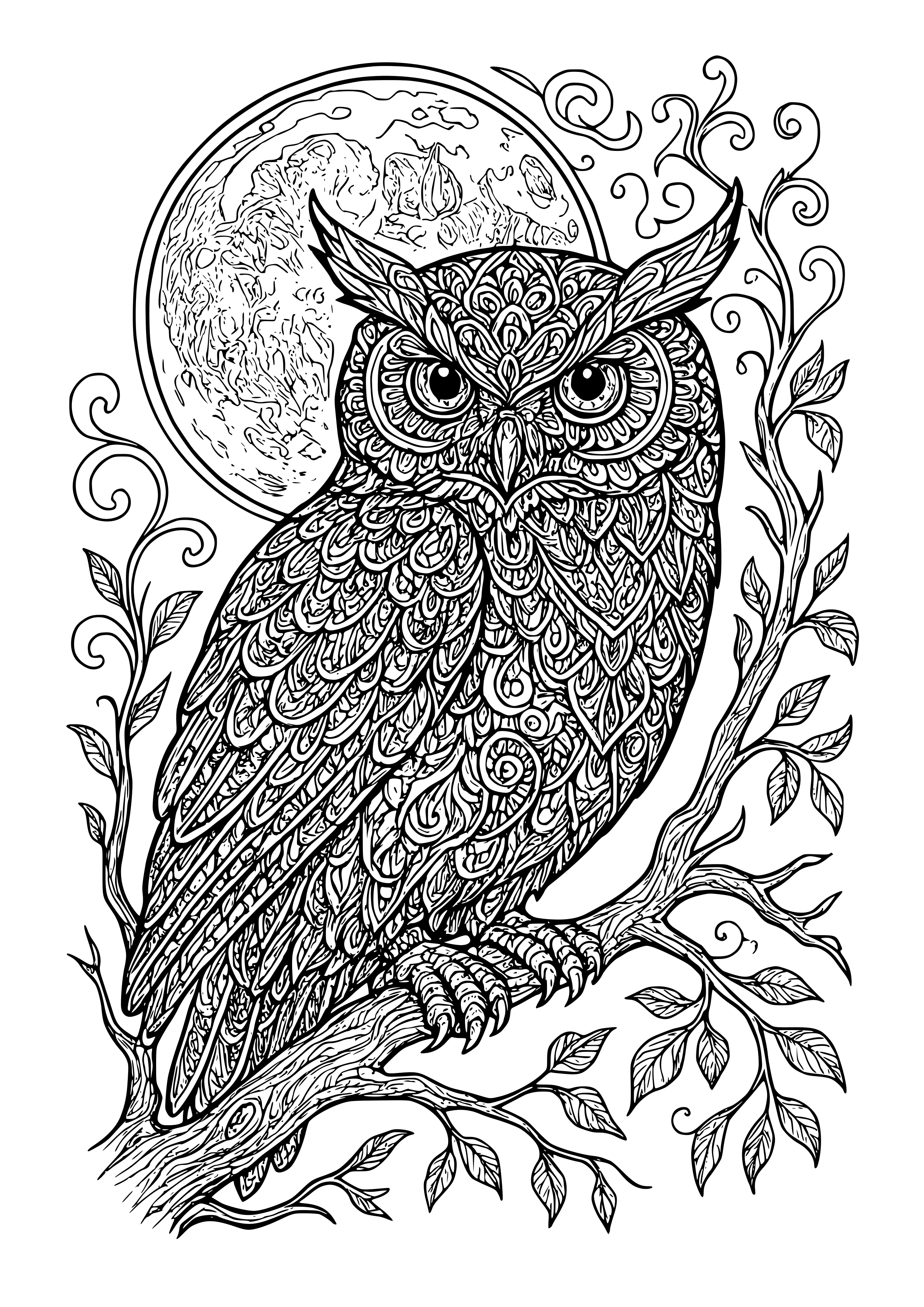 Gothic Owl Perched on a Branch with Moonlight Coloring Page