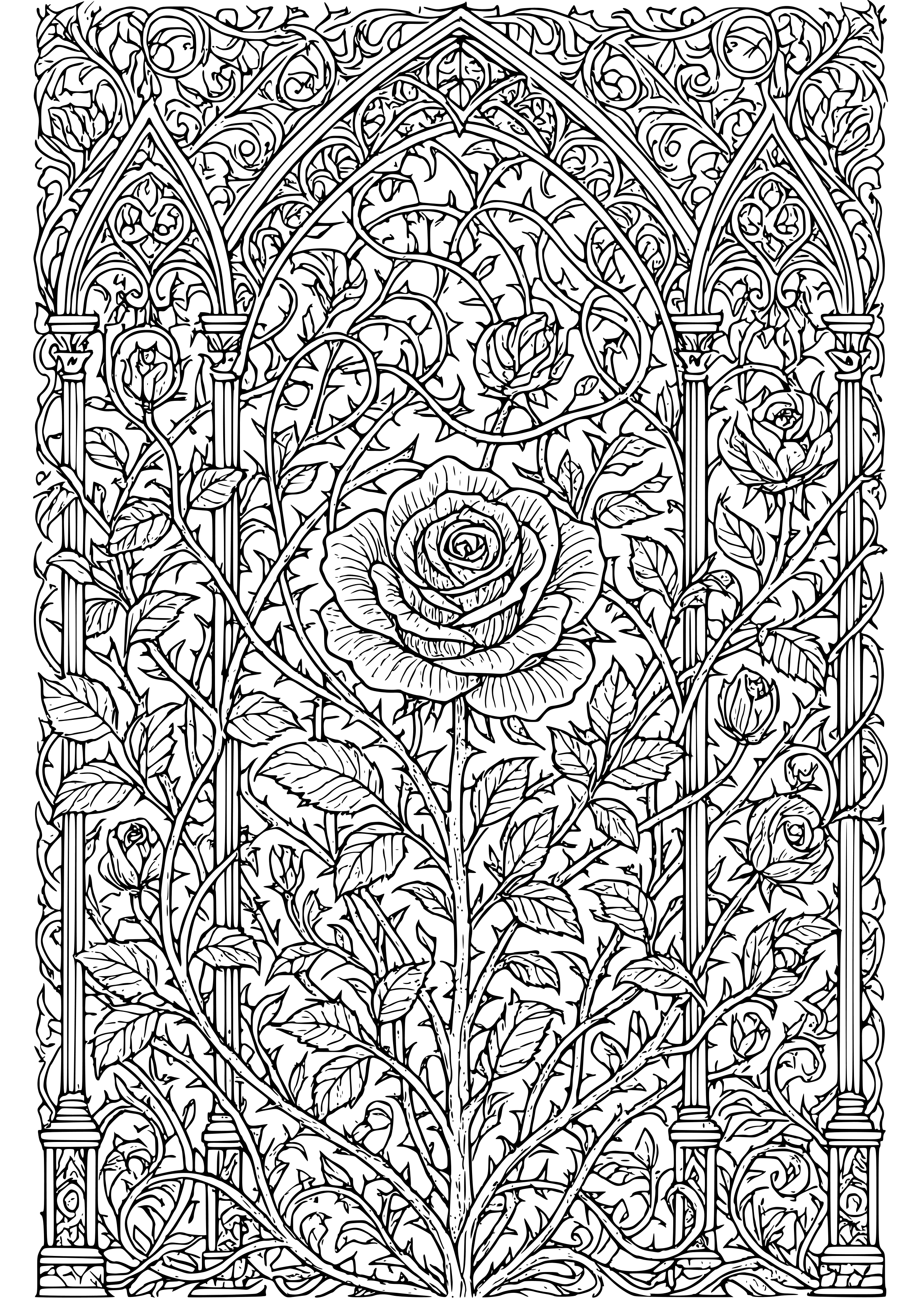 Gothic Rose Garden with Thorny Vines Coloring Page
