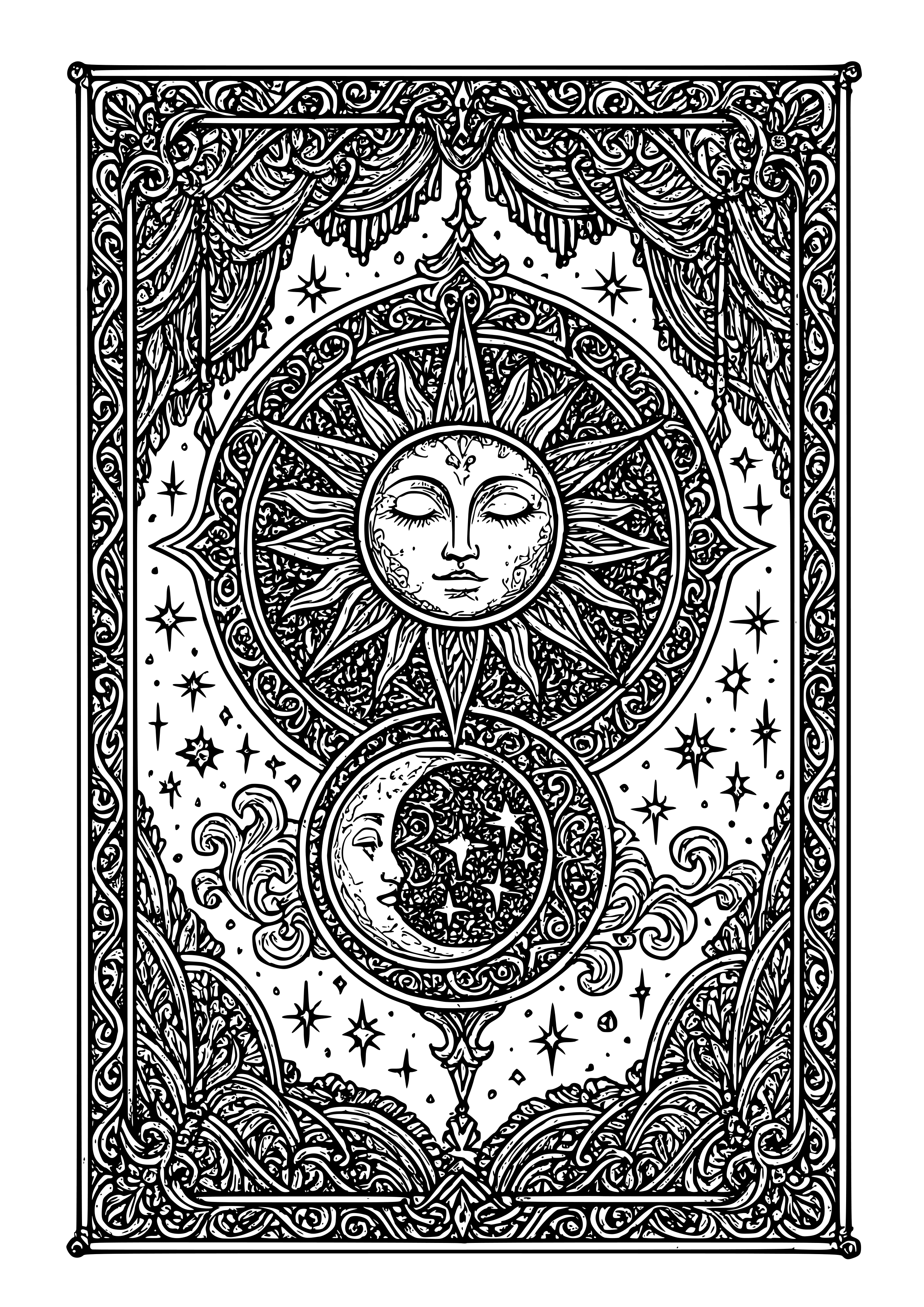 Gothic Tapestry with Celestial Designs Coloring Page