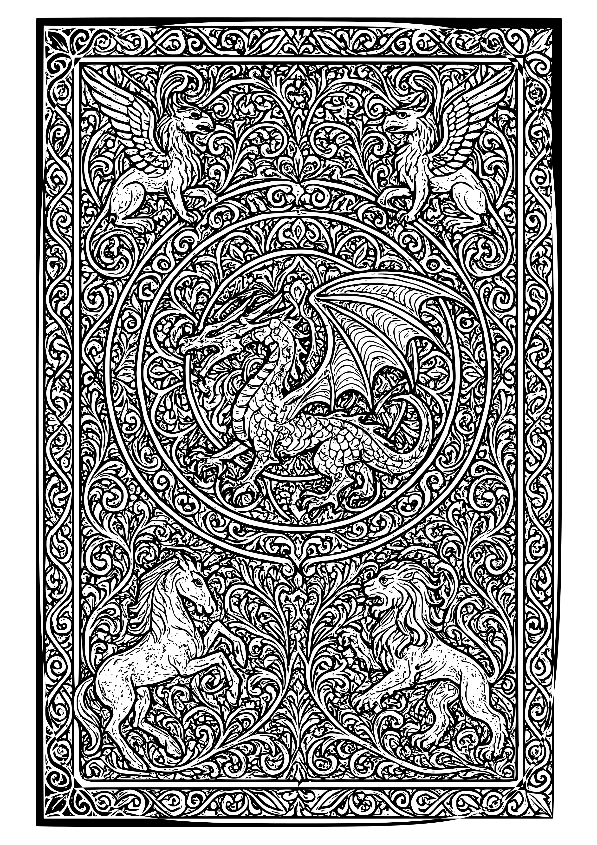 Gothic Tapestry with Mythical Beasts and Patterns Coloring Page