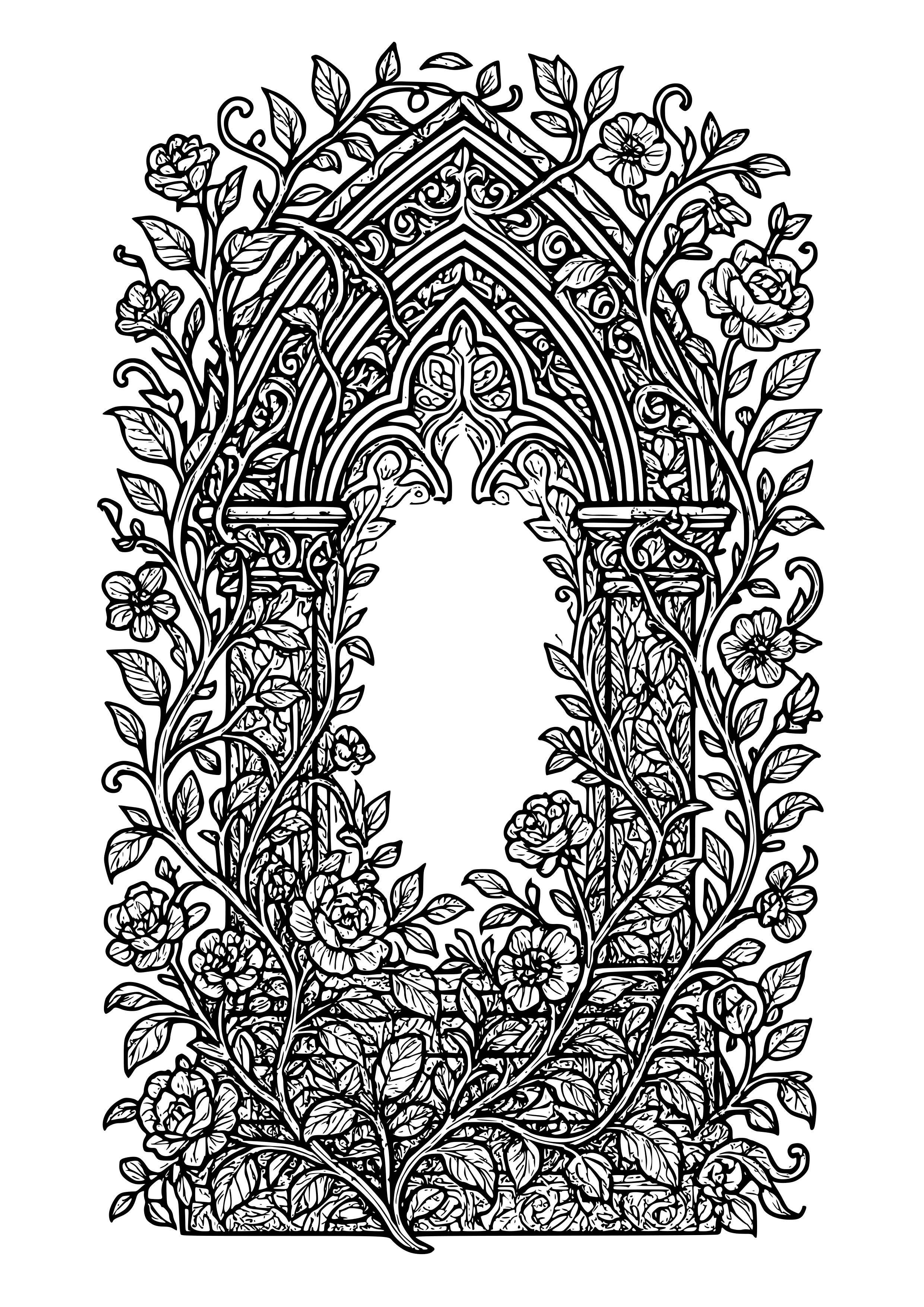 Gothic Tombstone Covered in Vines and Flowers Coloring Page