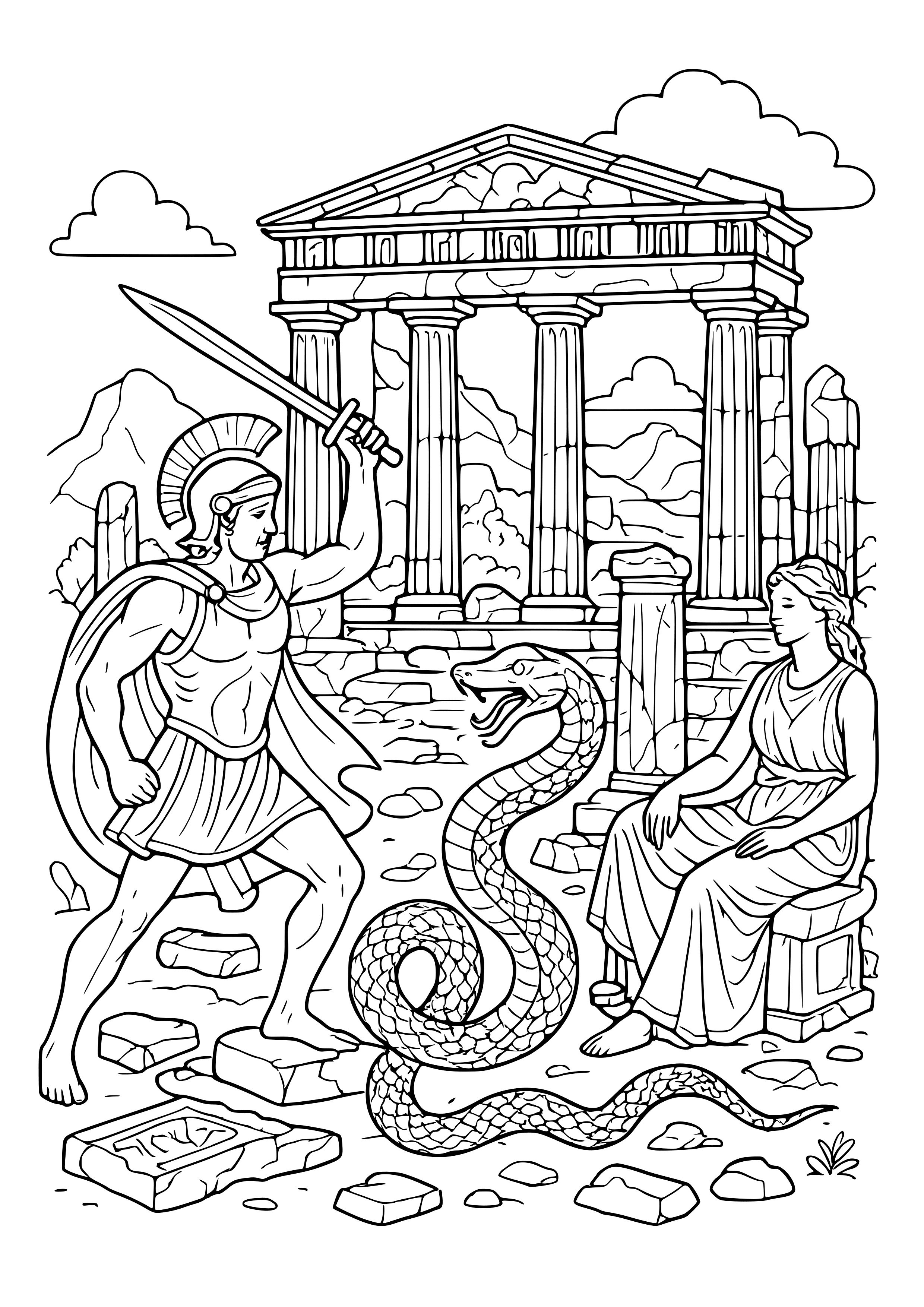 Greek Mythology Scene with Ancient Ruins Coloring Page