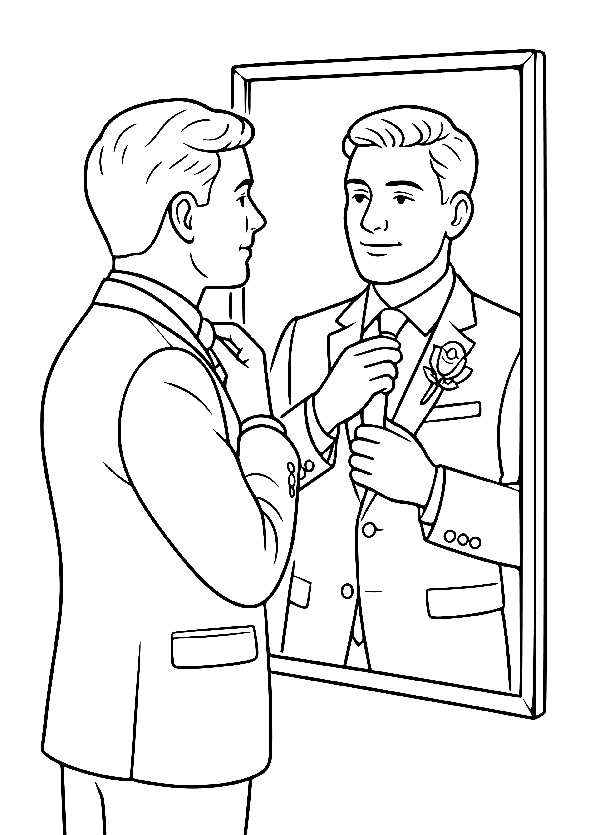 Groom Adjusting His Tie in Front of a Mirror Coloring Page