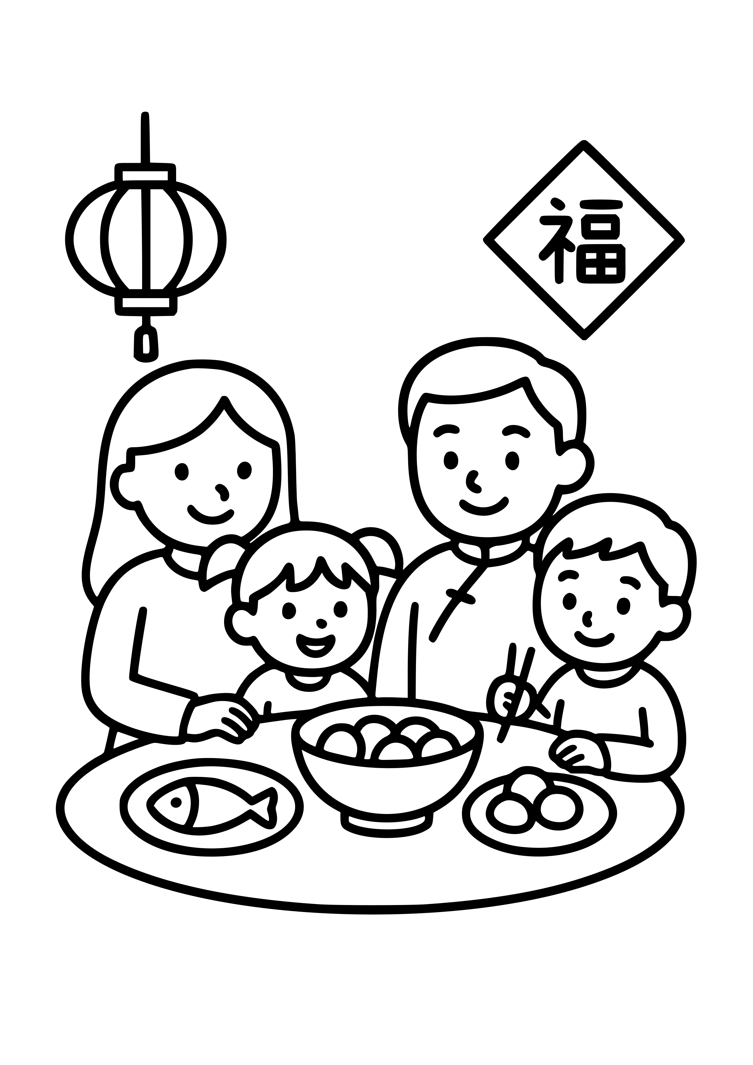 Happy Family Gathered for Dinner Coloring Page