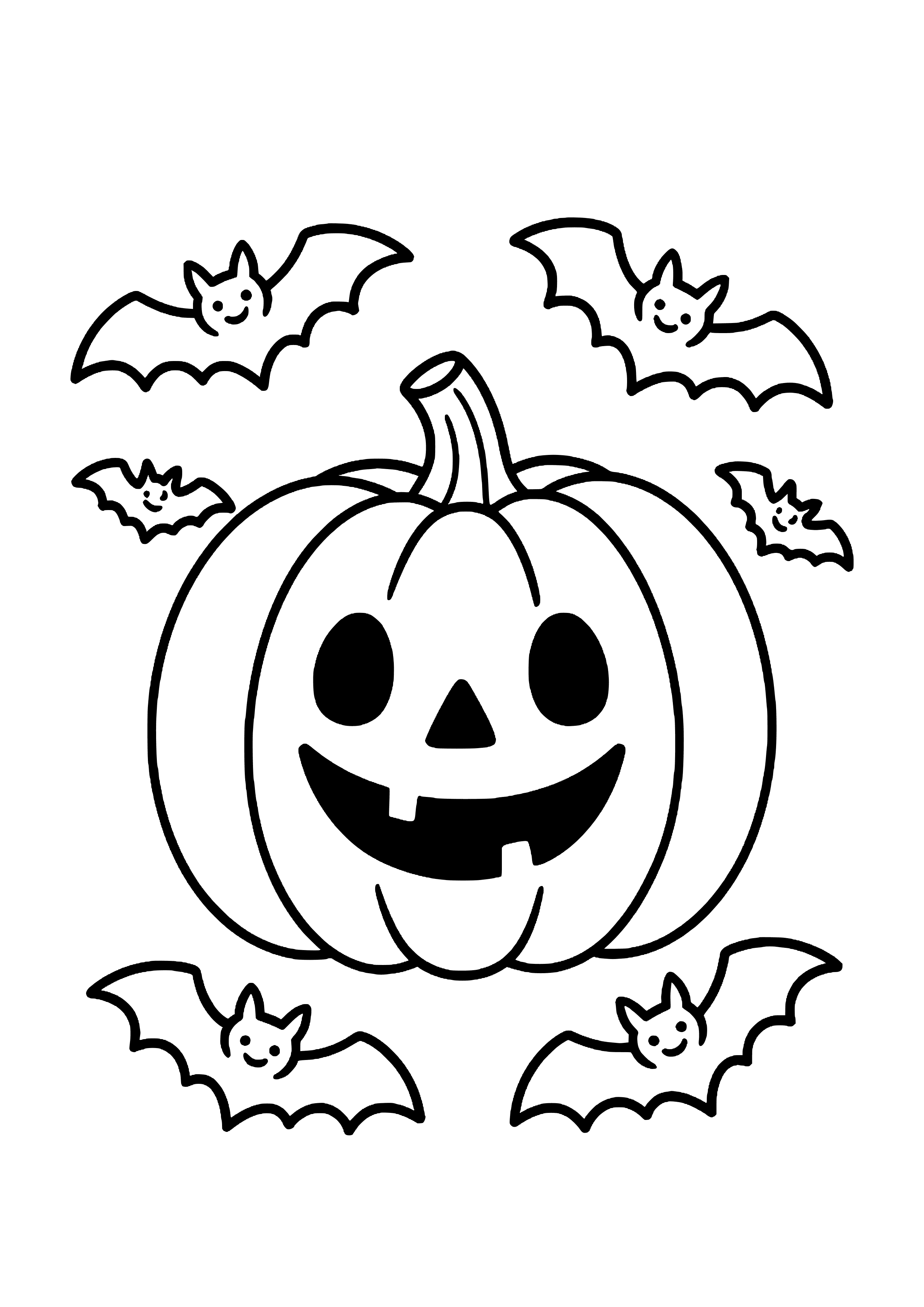 Happy Jack-o'-lantern Surrounded by Bats Coloring Page