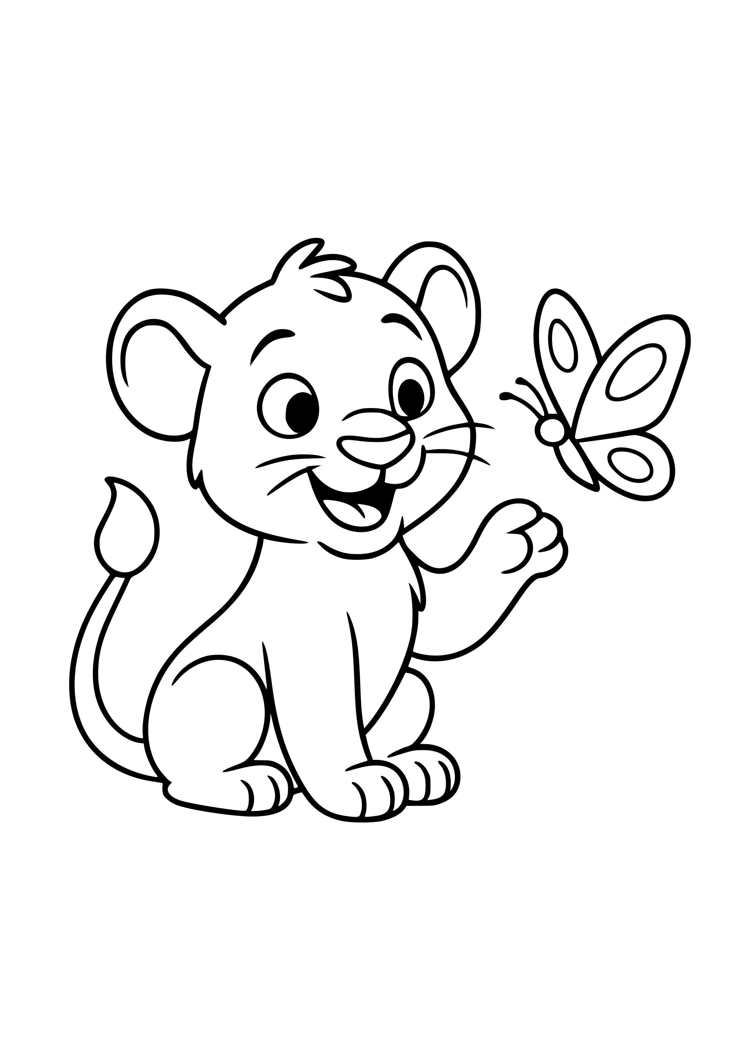 Happy Lion Cub Playing with a Butterfly Coloring Page